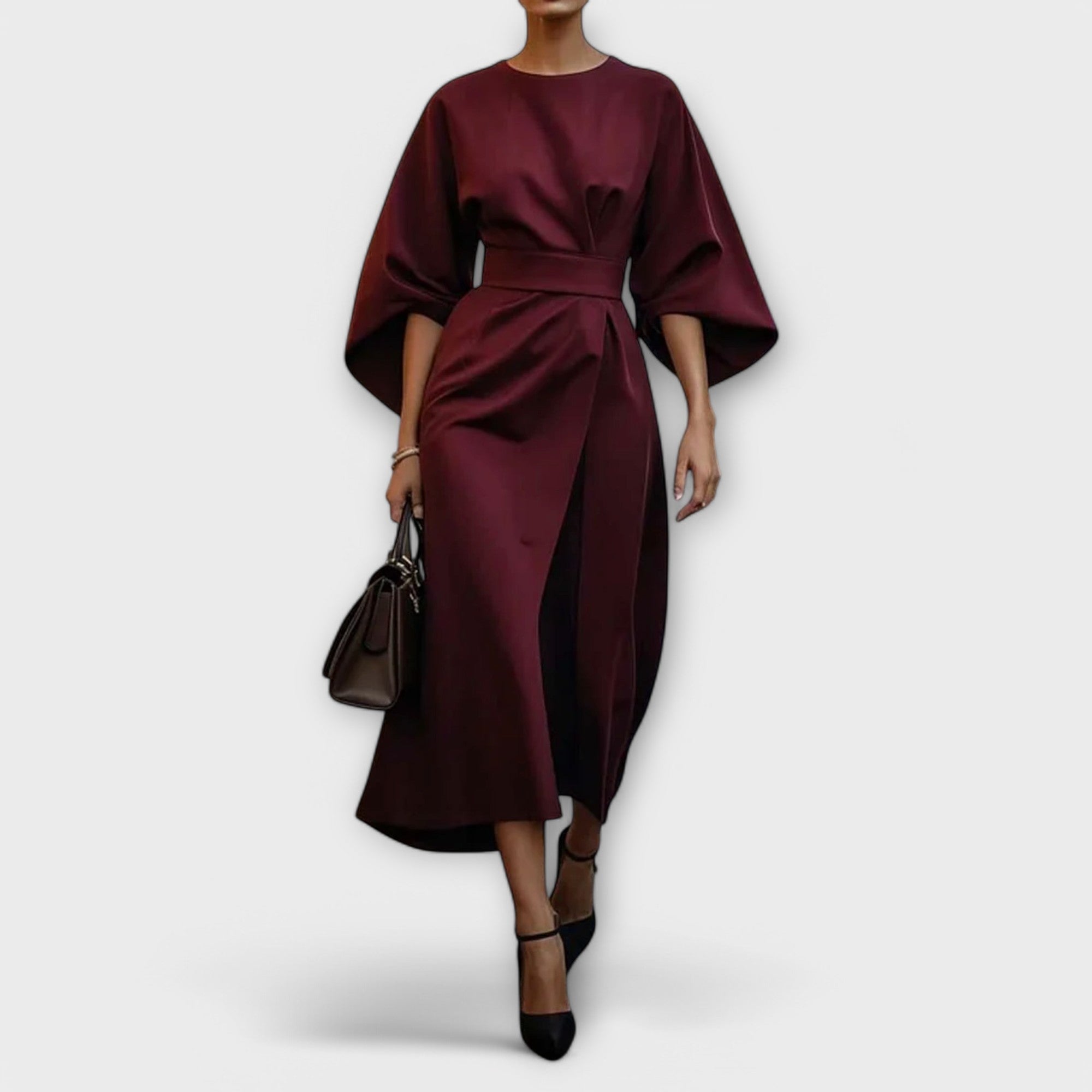 Women’s Dress, Elegant Silhouette, Lantern Sleeves, Belted Waist
