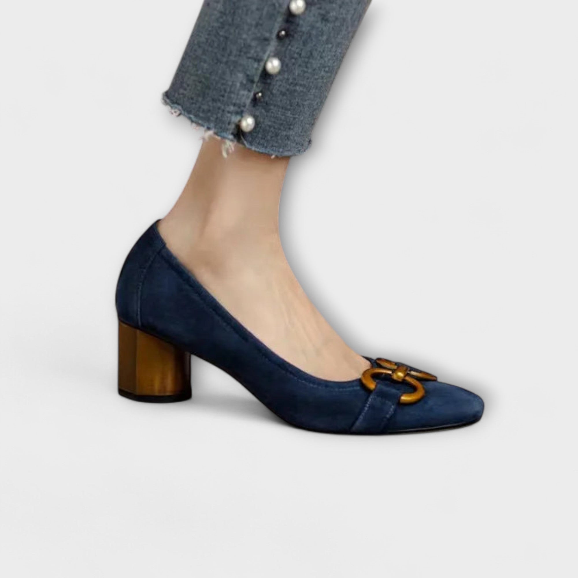 Women’s Leather Heels, Embroidered, Cushioned Insole, Adjustable Ankle Buckle, Closed Heel Design