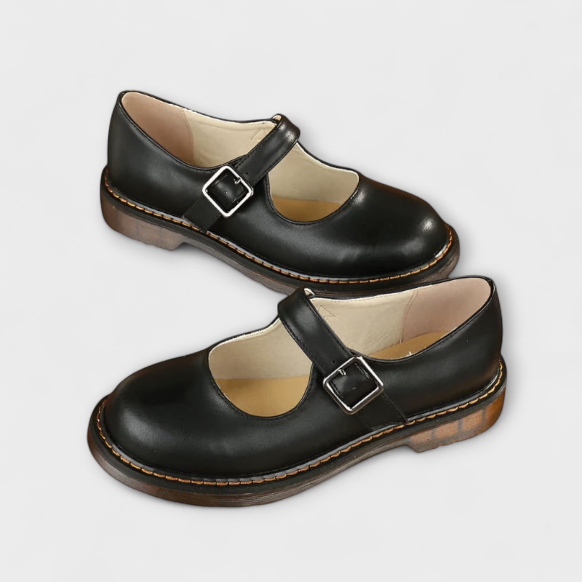 Women’s Leather Mary Jane Shoes, Rounded Toe, Adjustable Strap, Non-Slip Sole, Cushioned Insole, Contrasting Stitching