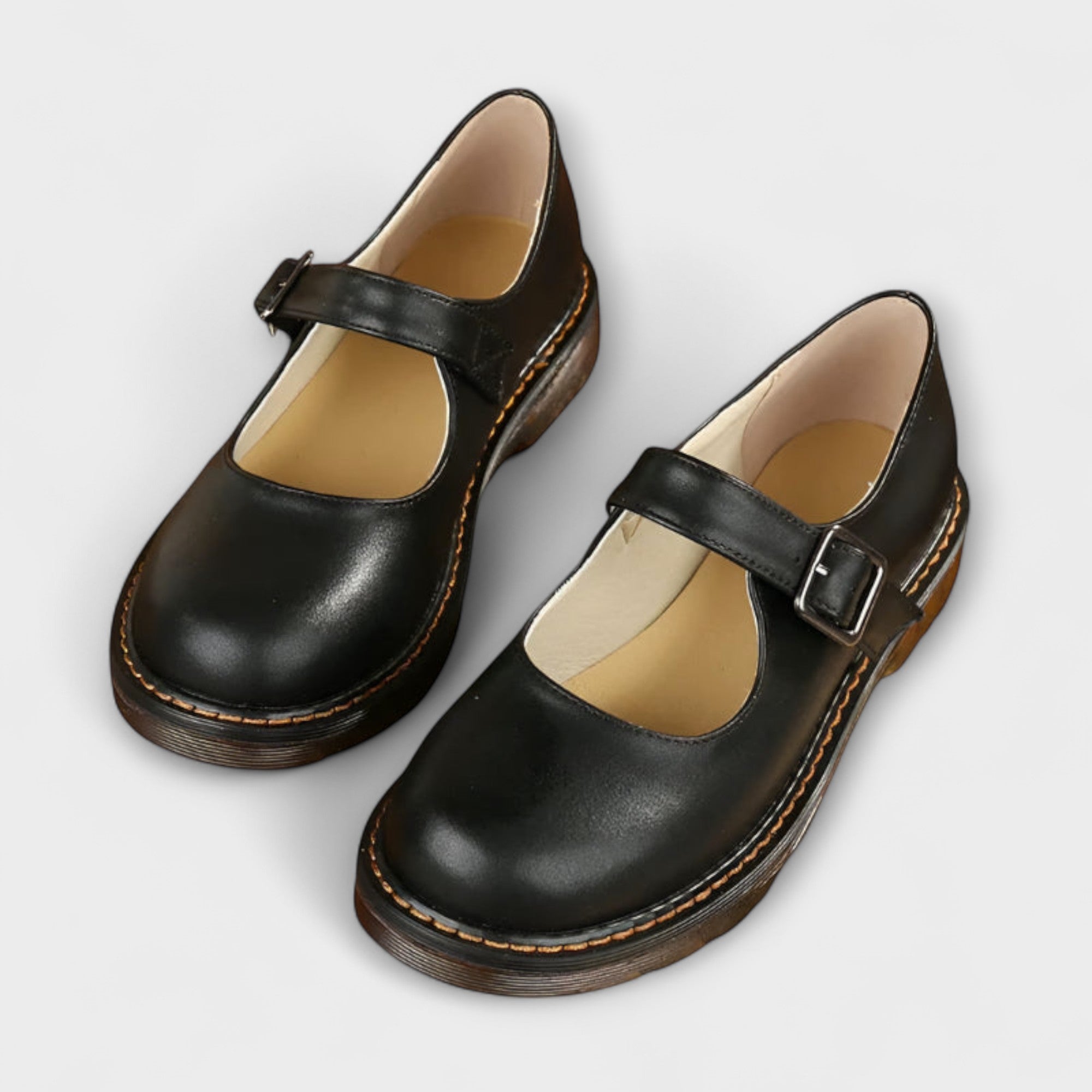 Women’s Leather Mary Jane Shoes, Rounded Toe, Adjustable Strap, Non-Slip Sole, Cushioned Insole, Contrasting Stitching
