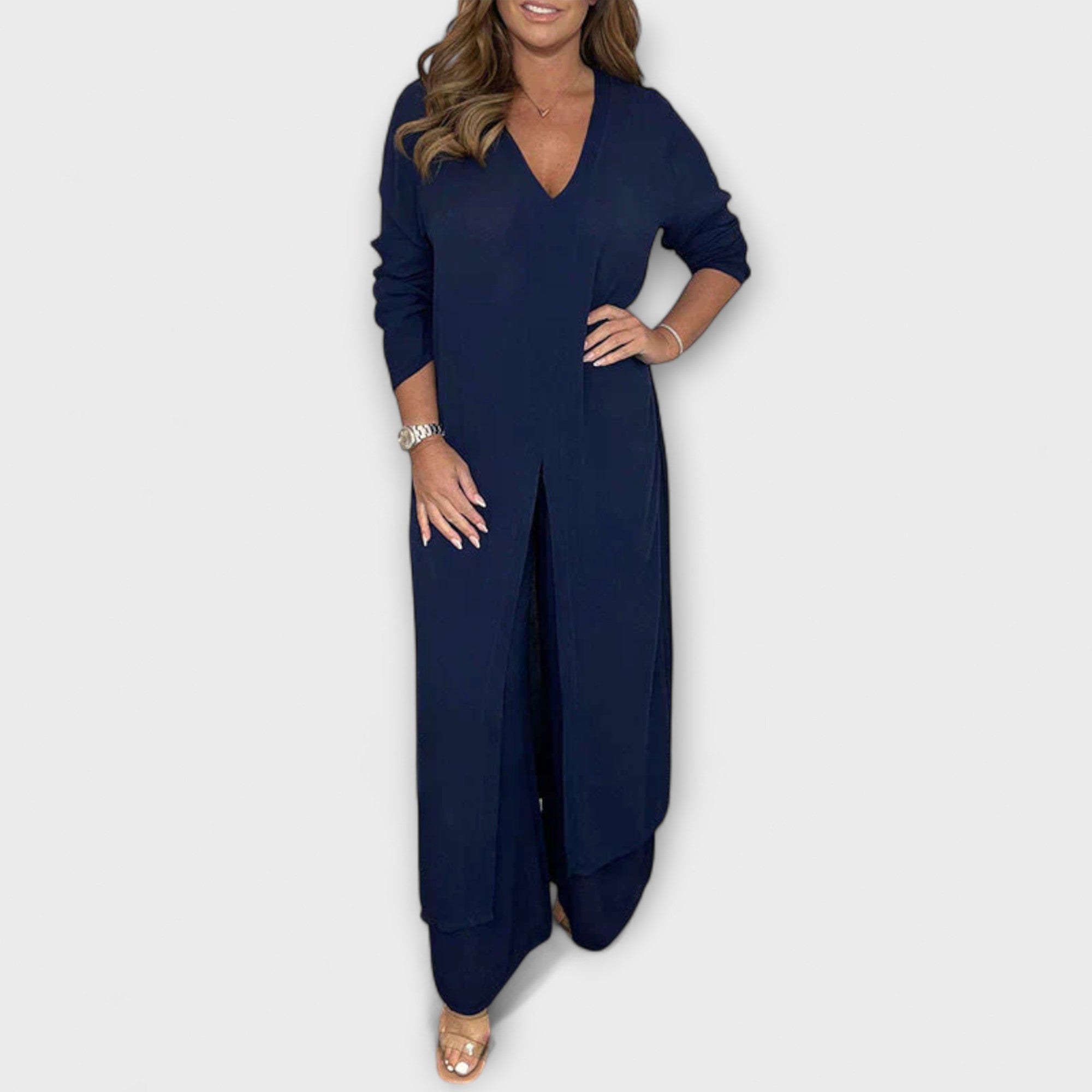 Women’s 2-Piece Set, Long Tunic with Slit & Matching Trousers, Sleeveless, V-Neck, Relaxed Fit, Soft Breathable Fabric
