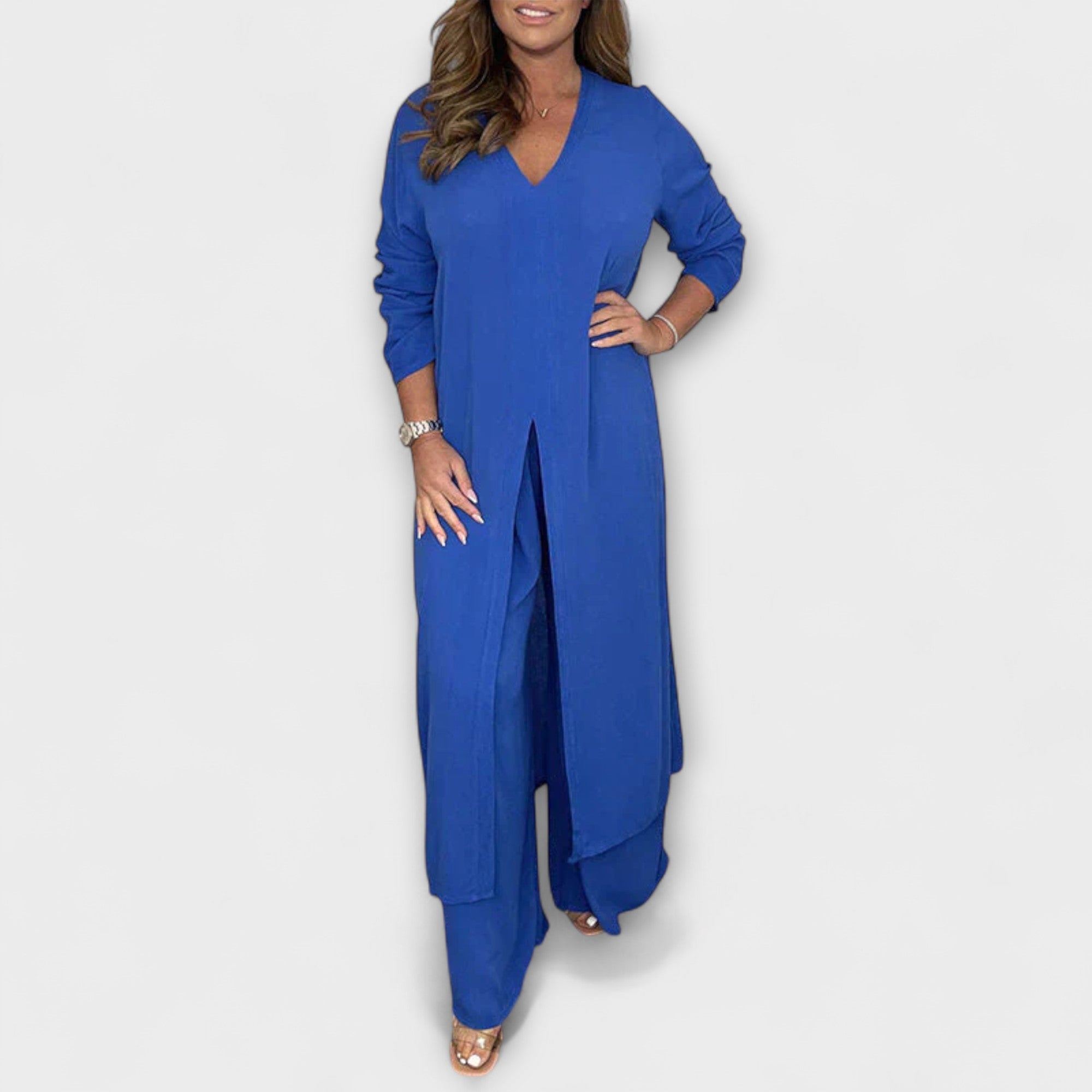 Women’s 2-Piece Set, Long Tunic with Slit & Matching Trousers, Sleeveless, V-Neck, Relaxed Fit, Soft Breathable Fabric