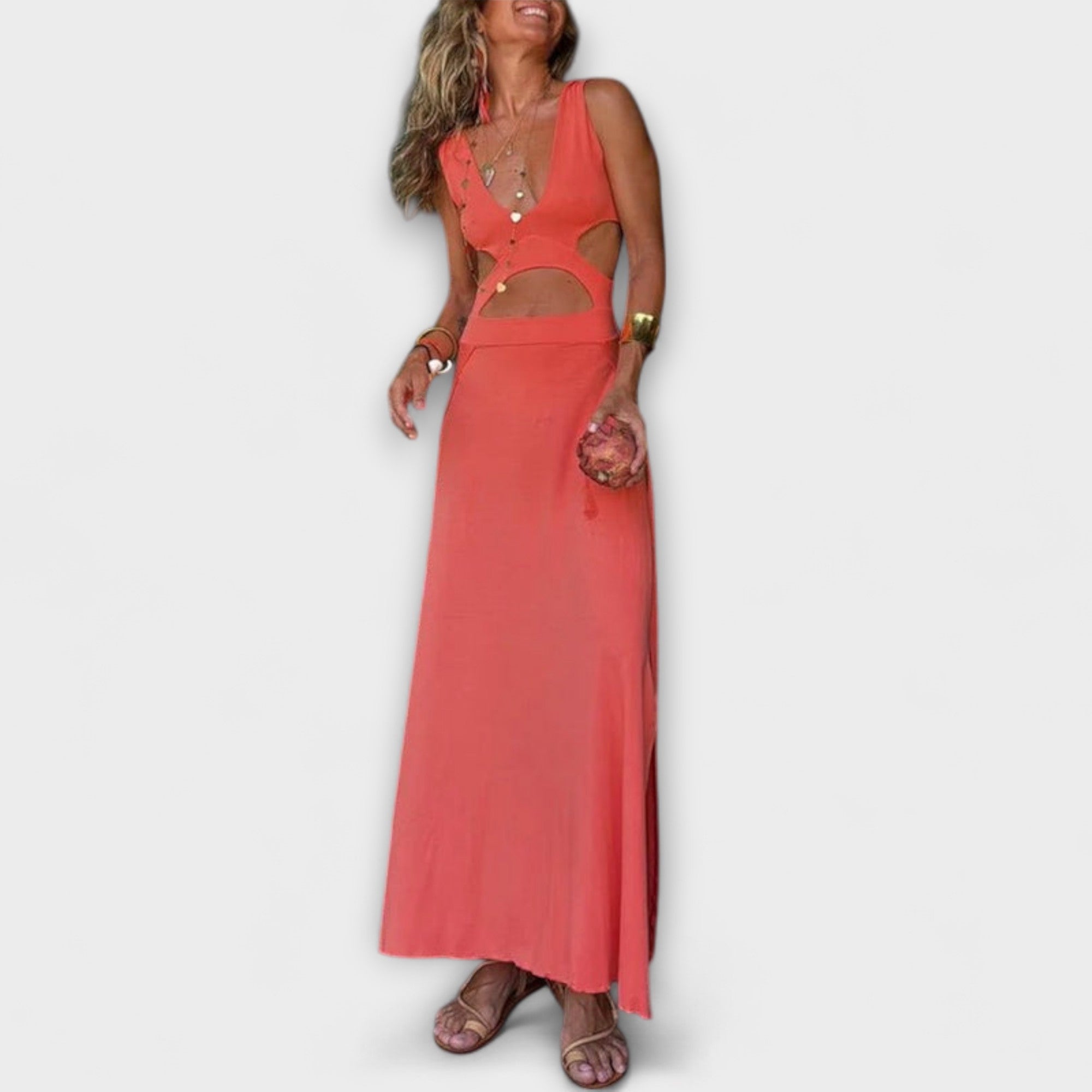 Women’s Ankle-Length Dress, Polyester, V-Neck, Wide Straps, Relaxed Fit