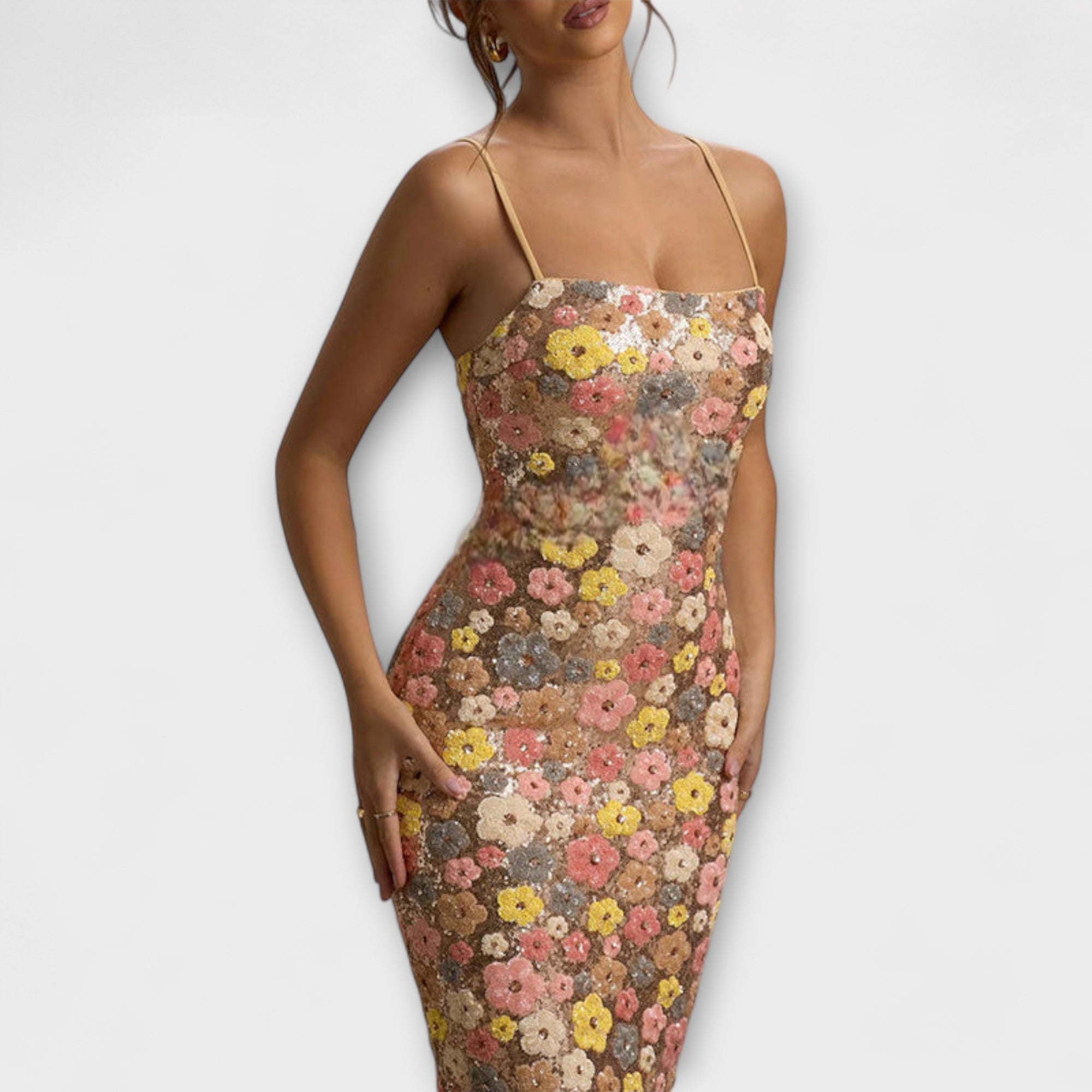 Women’s Ankle-Length Sequin Dress, Sleeveless, Square Neckline, Regular Fit, Floral Pattern