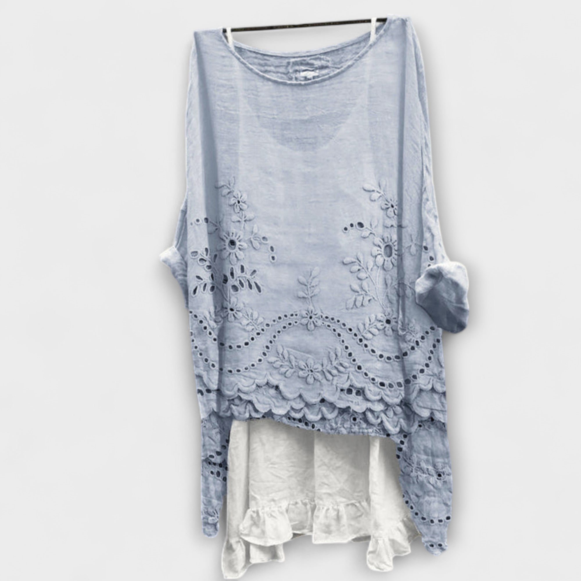 Women’s Blouse, Lightweight, Breathable Fit, Rolled Sleeves, Floral Embroidery, Double-Layer Hem