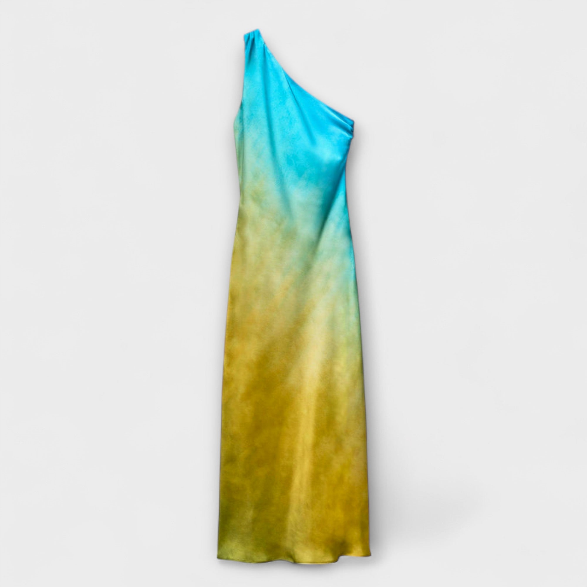 Women’s Blue Midi Dress, One-Shoulder, Asymmetric Neckline, Batik Pattern, Stretch Fit, Stretch Fabric