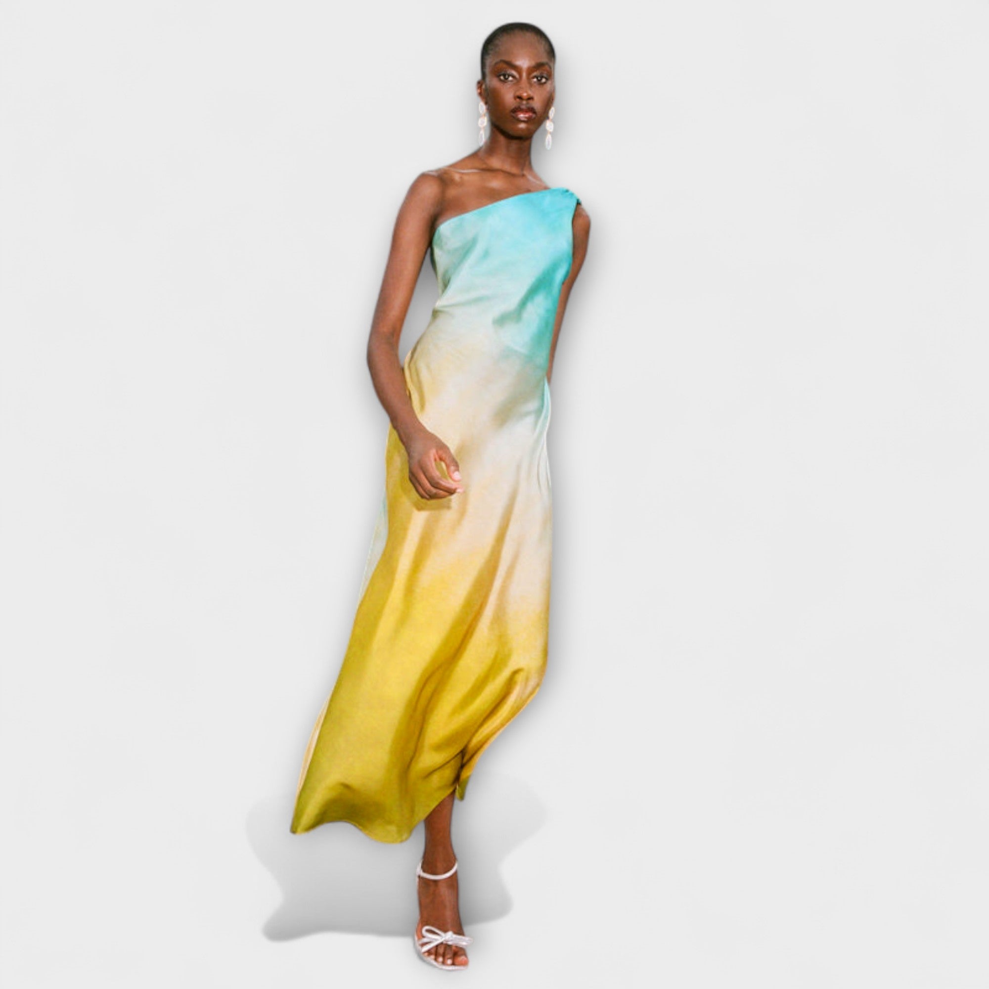 Women’s Blue Midi Dress, One-Shoulder, Asymmetric Neckline, Batik Pattern, Stretch Fit, Stretch Fabric