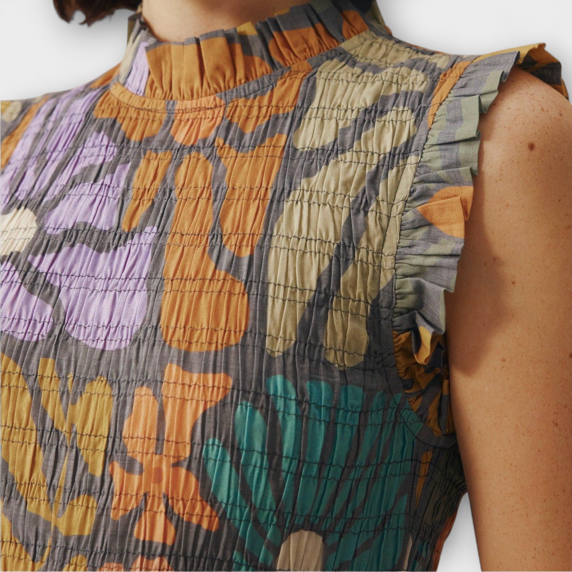 Women’s Cotton Blend Botanical Print Midi Dress Sleeveless Ruched Neckline Fitted with Ruffle Details