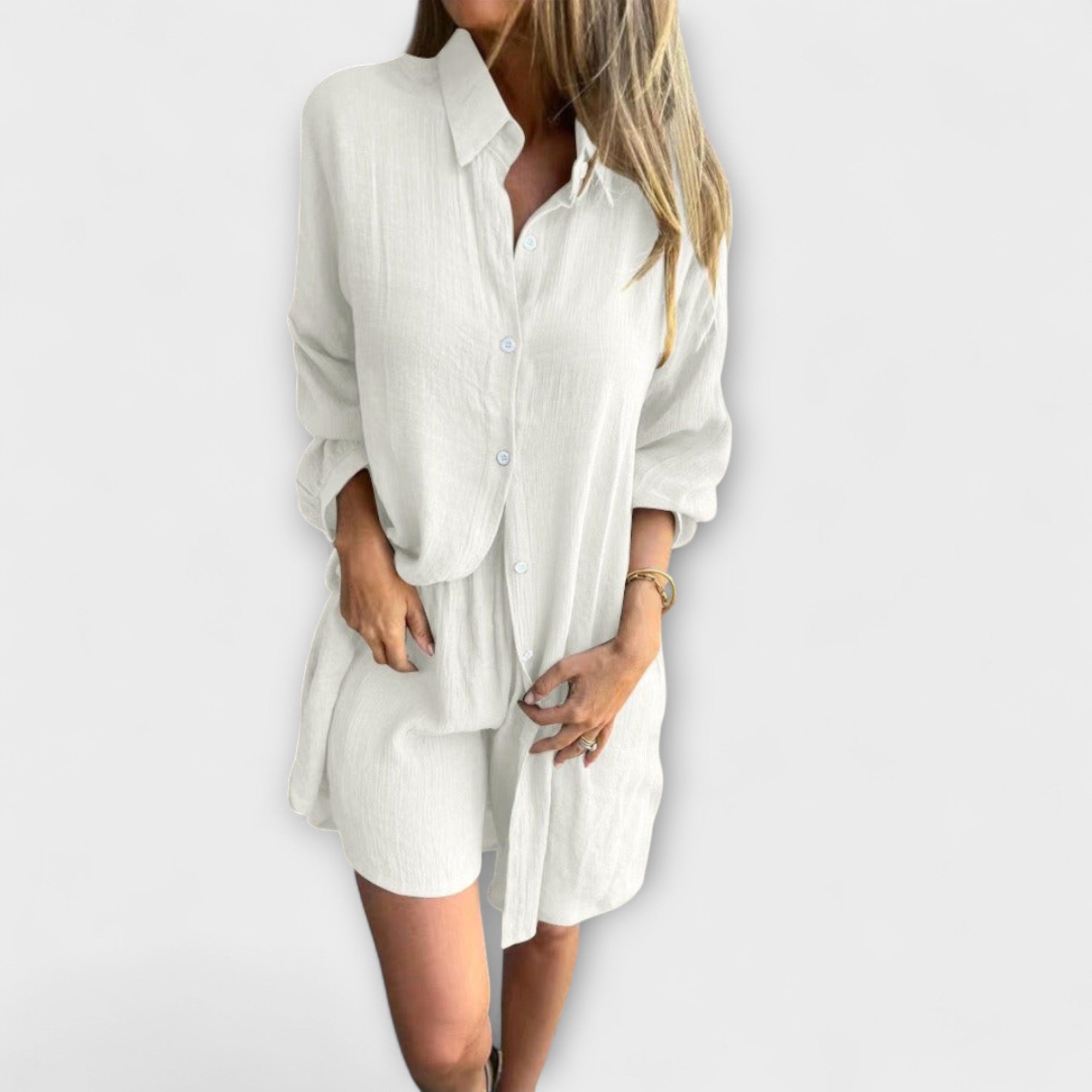 Women’s Cotton Blend Summer Set, Blouse with Flowing Texture & Elastic Waist Shorts, Relaxed Fit
