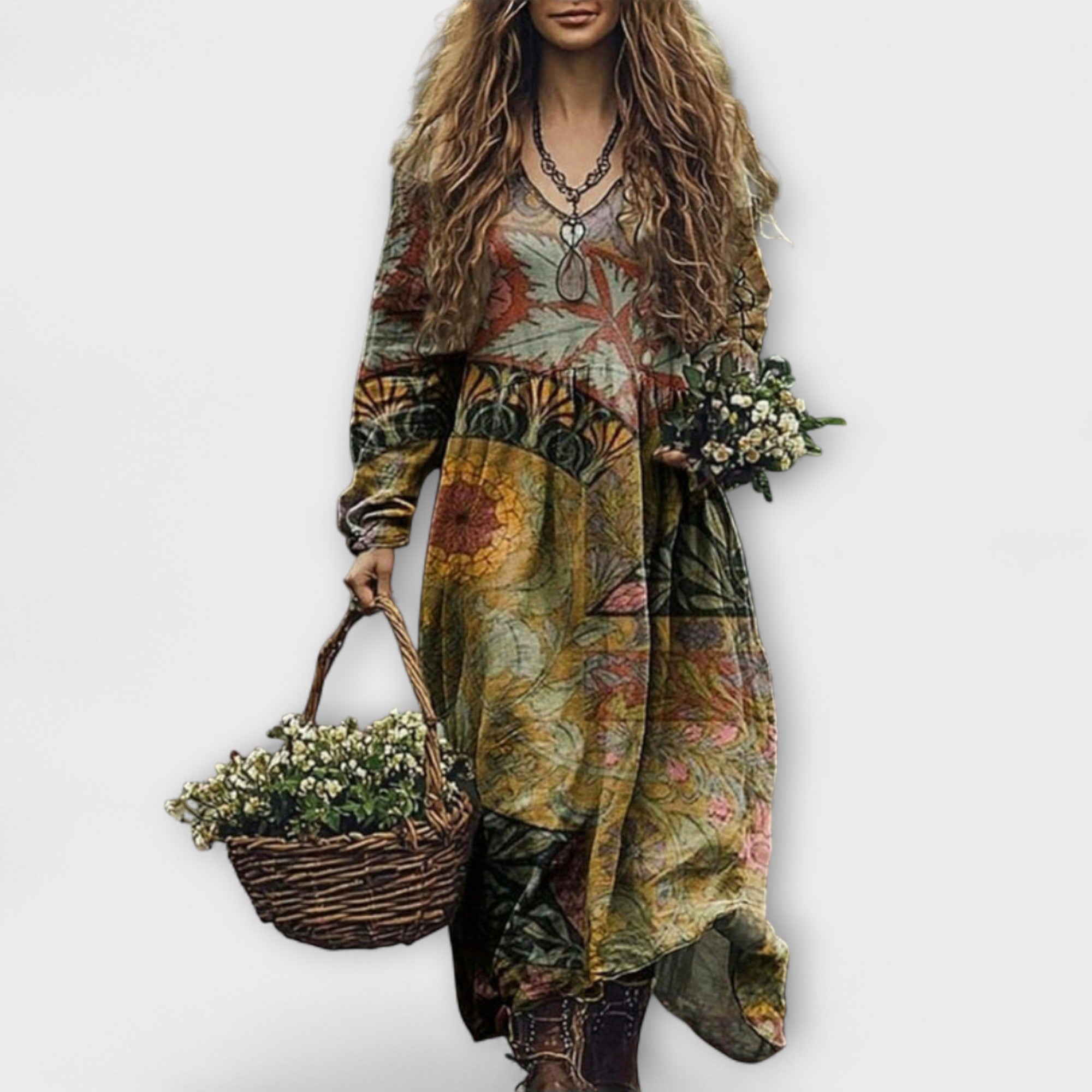 Women’s Cotton Maxi Dress, Multicolored Floral Print, Long Sleeve, Round Neck, Relaxed Fit