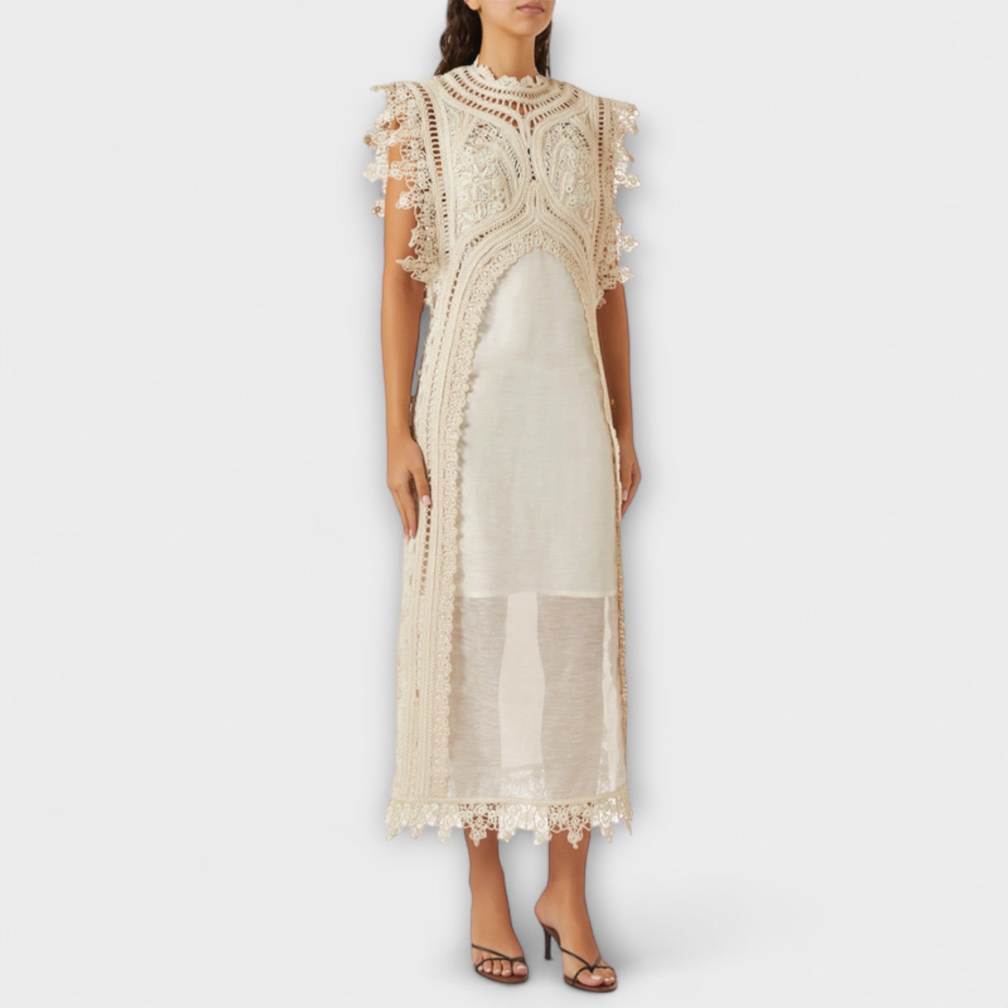 Women’s Cream Maxi Dress, Sleeveless, Fitted, Polyester-Cotton Blend, Organza Maxibustier Neckline, Hand-Embroidered Edges, Suede Side Bands