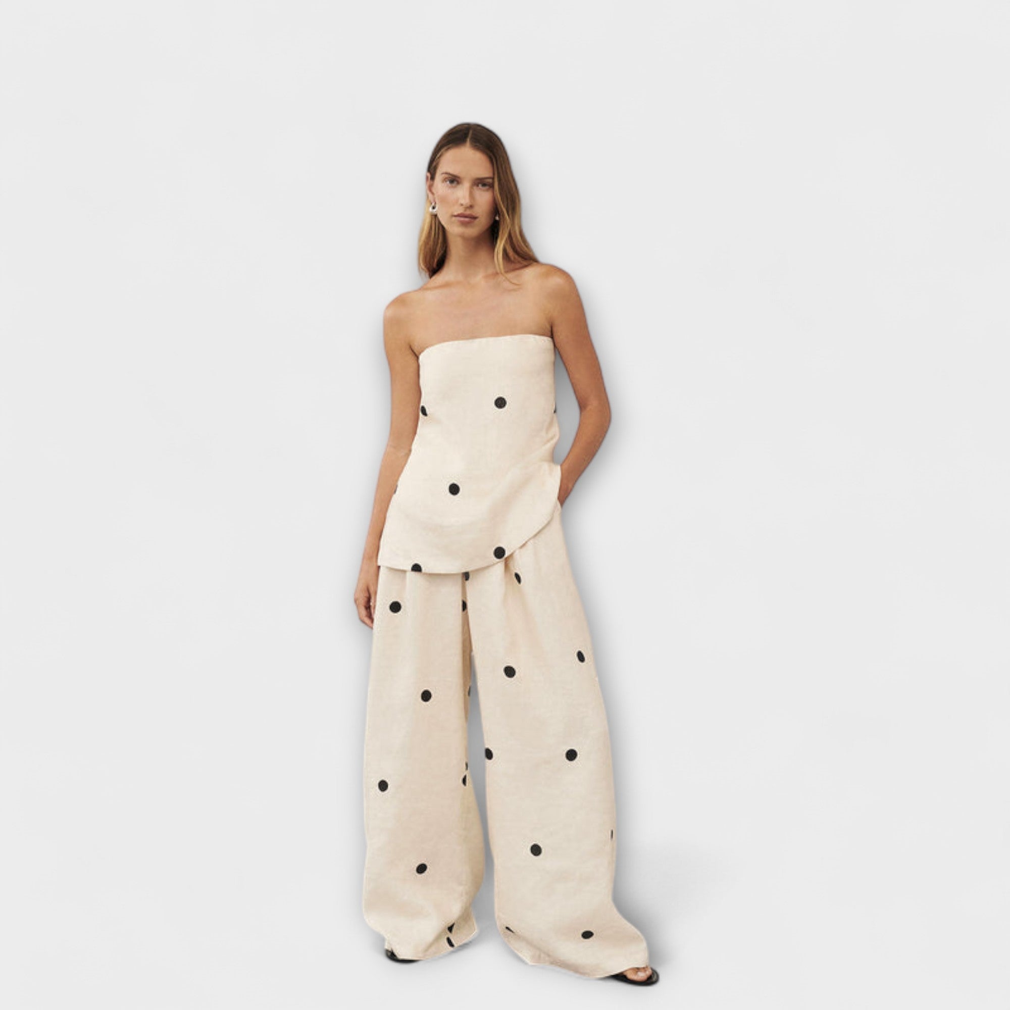 Women’s Cream Strapless Wide-Leg Jumpsuit, Polka Dot Pattern, Relaxed Fit, Elasticated Back, Pockets