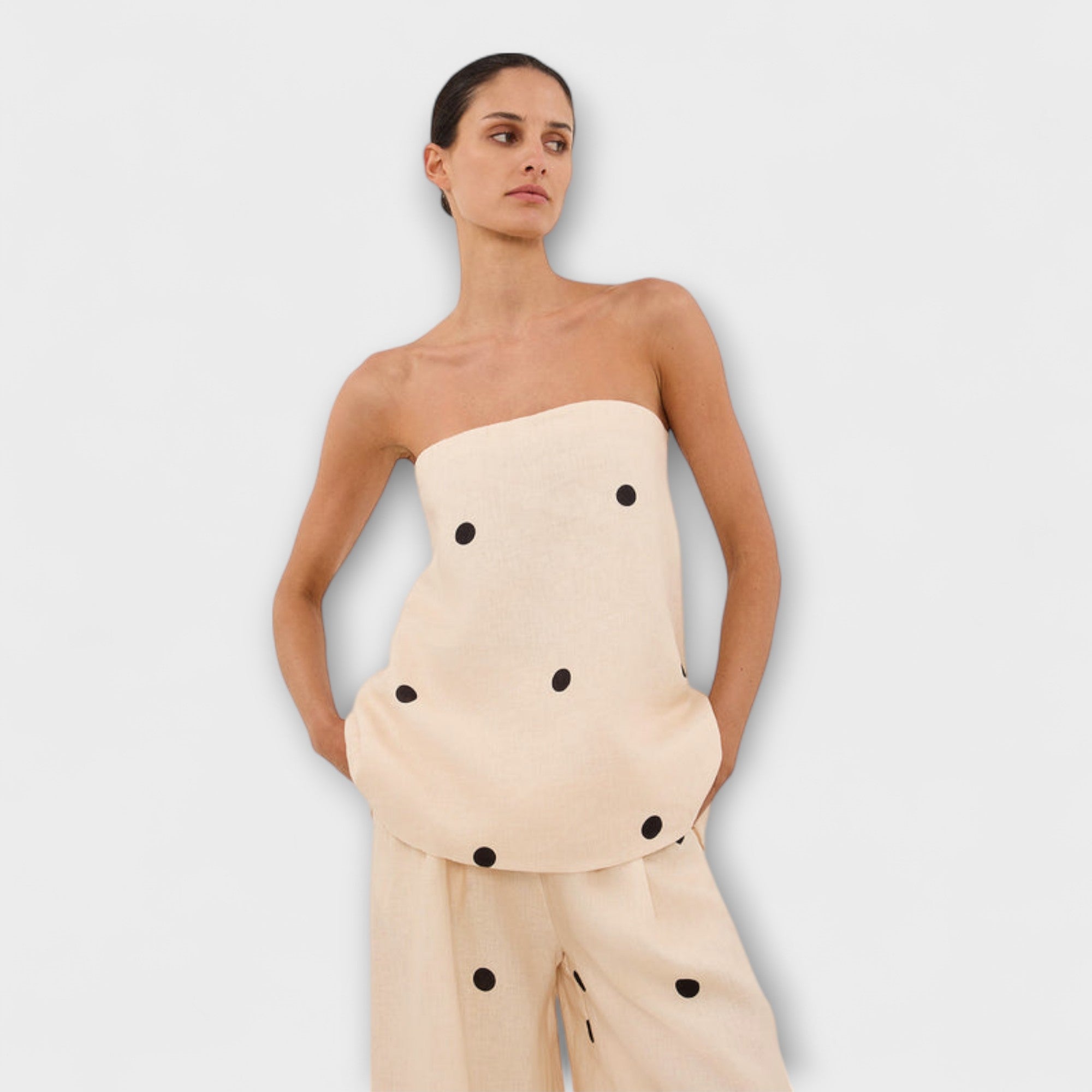 Women’s Cream Strapless Wide-Leg Jumpsuit, Polka Dot Pattern, Relaxed Fit, Elasticated Back, Pockets