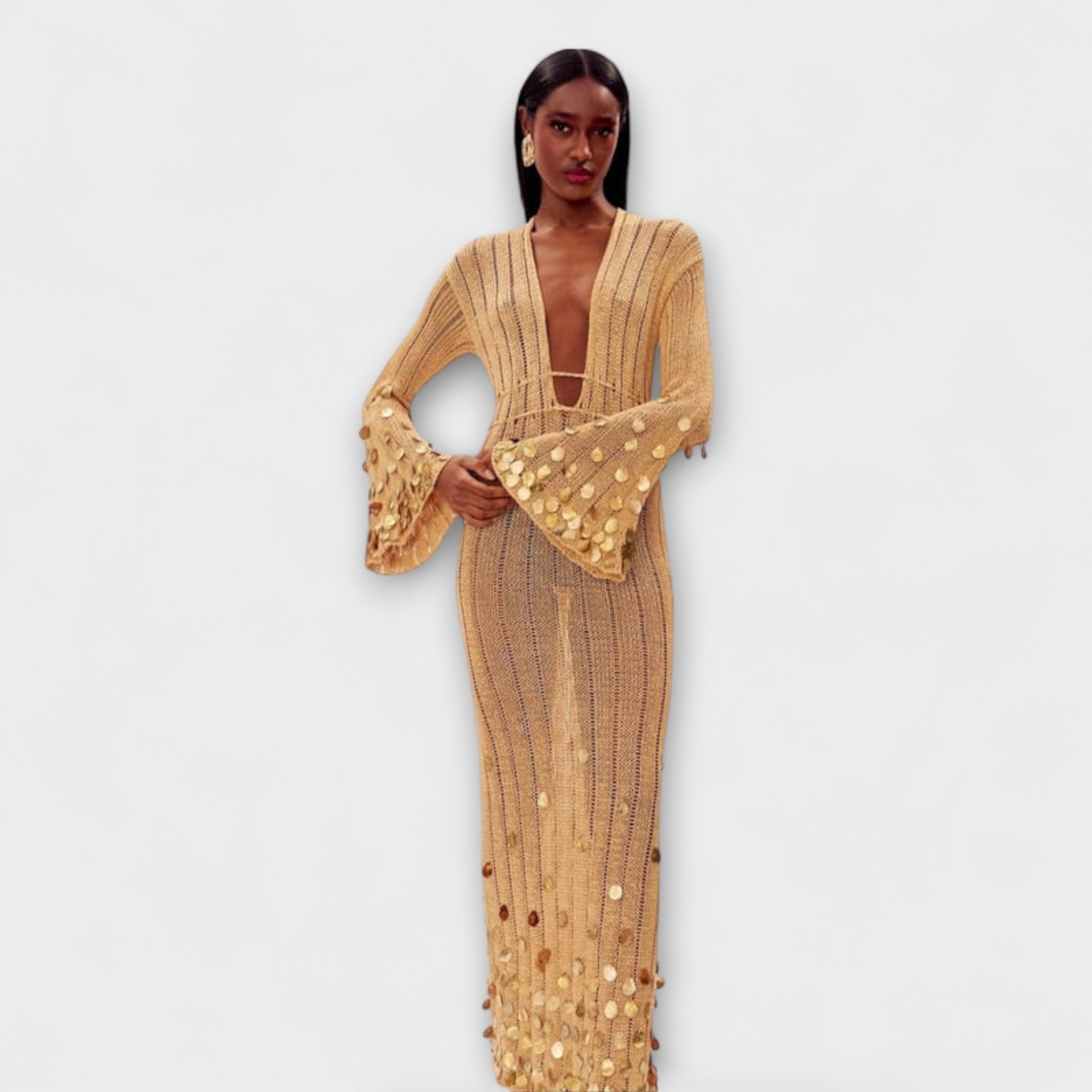 Women’s Crochet Dress, Golden, Bell Sleeves, Deep V-Neck, Regular Fit, Sequin Embellishments