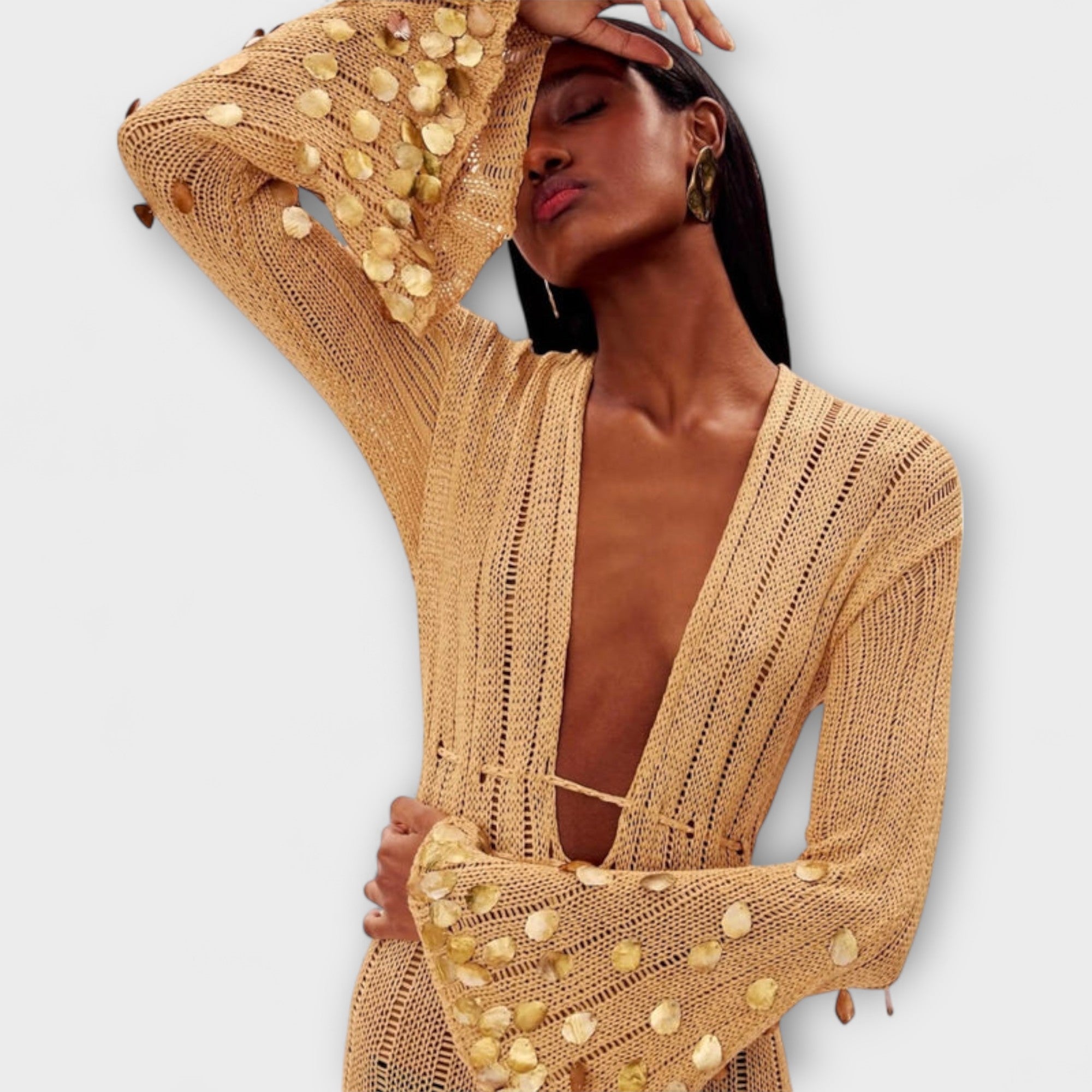 Women’s Crochet Dress, Golden, Bell Sleeves, Deep V-Neck, Regular Fit, Sequin Embellishments