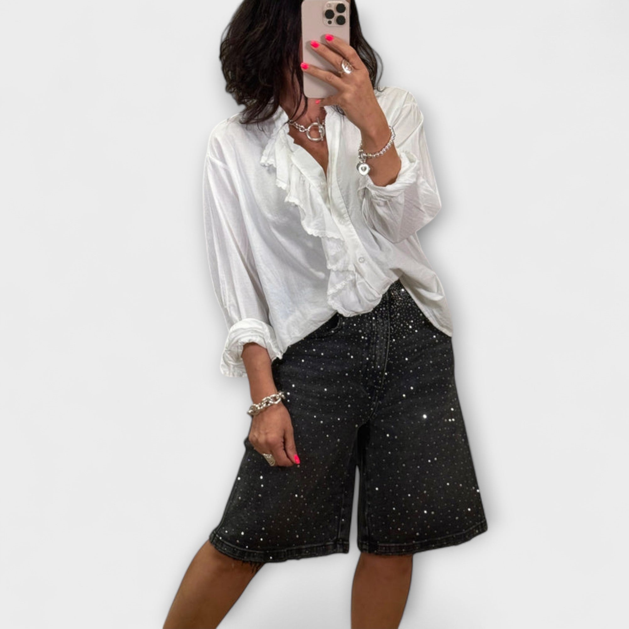 Women’s Denim Bermuda Shorts, Black, Regular Fit, Rhinestone Accents, Front Zip Closure