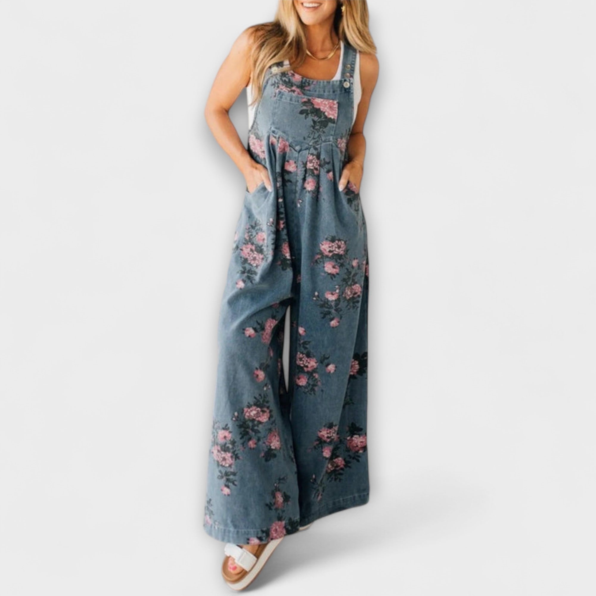 Women’s Denim Dungarees, Relaxed Fit, Adjustable Straps, Printed Pocket Detail