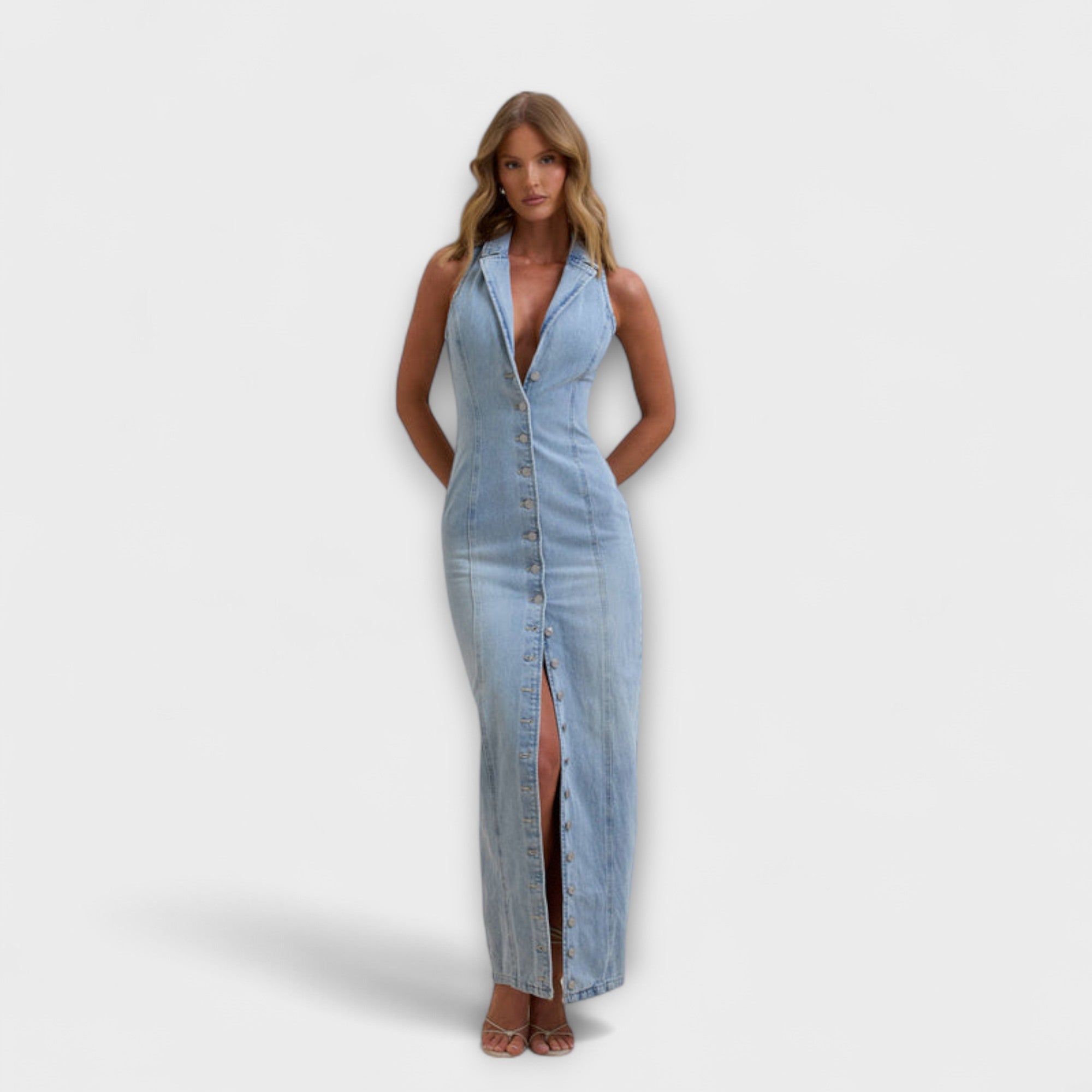 Women’s Denim Maxi Dress, Medium Wash, Sleeveless, Halter Neck, Fitted, Button Front, Elastic Ruched Back