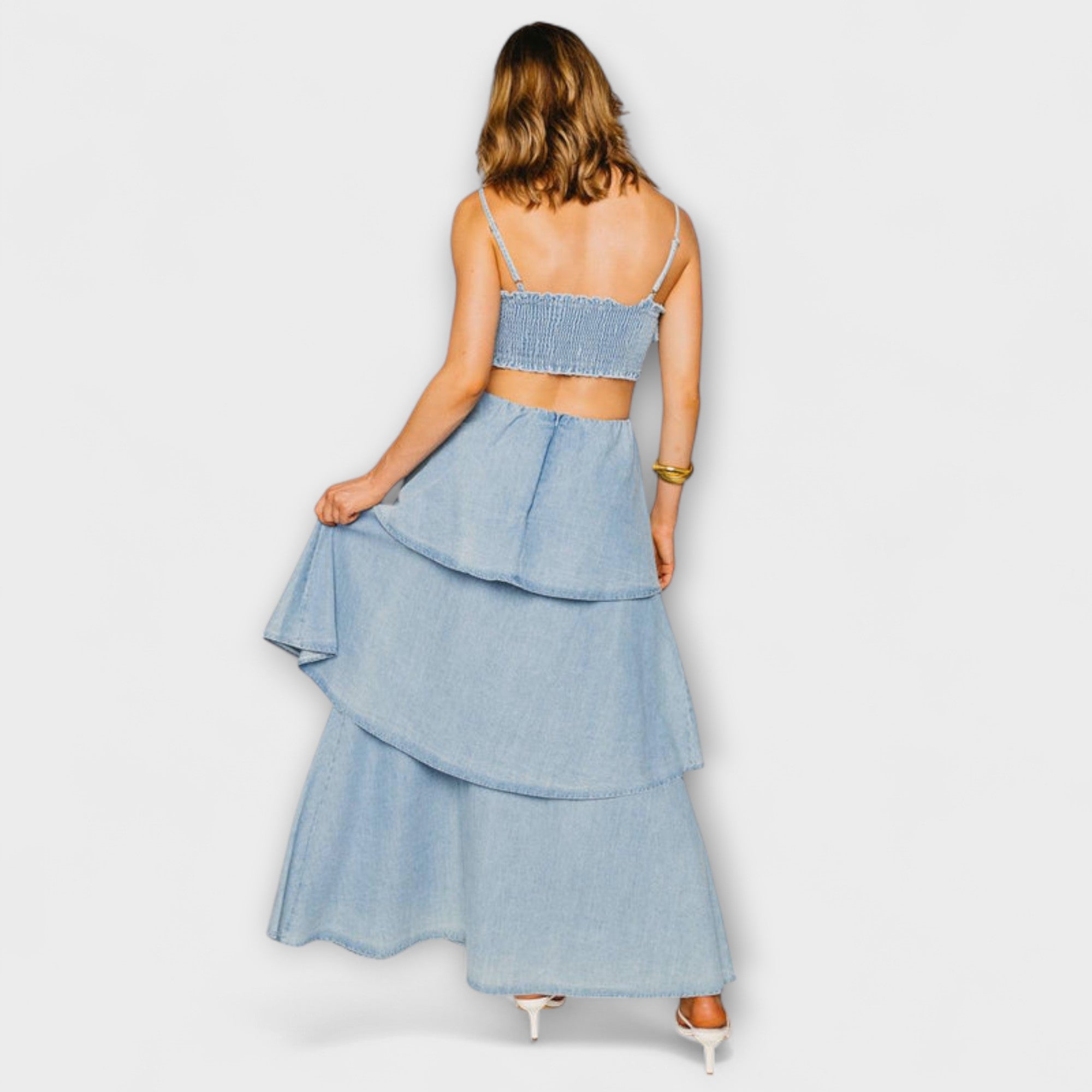 Women’s Denim Maxi Dress, Sleeveless, Fitted with Open Back, Adjustable Straps, Floral Pattern, Ruffled Skirt