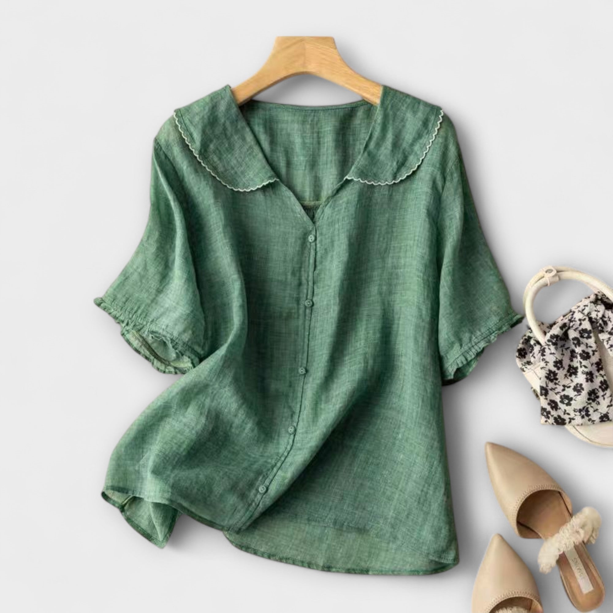 Women’s Dress, Relaxed Fit, Sharkbite Collar, Gossamer Linen Blend, Breathable Lightweight Fabric