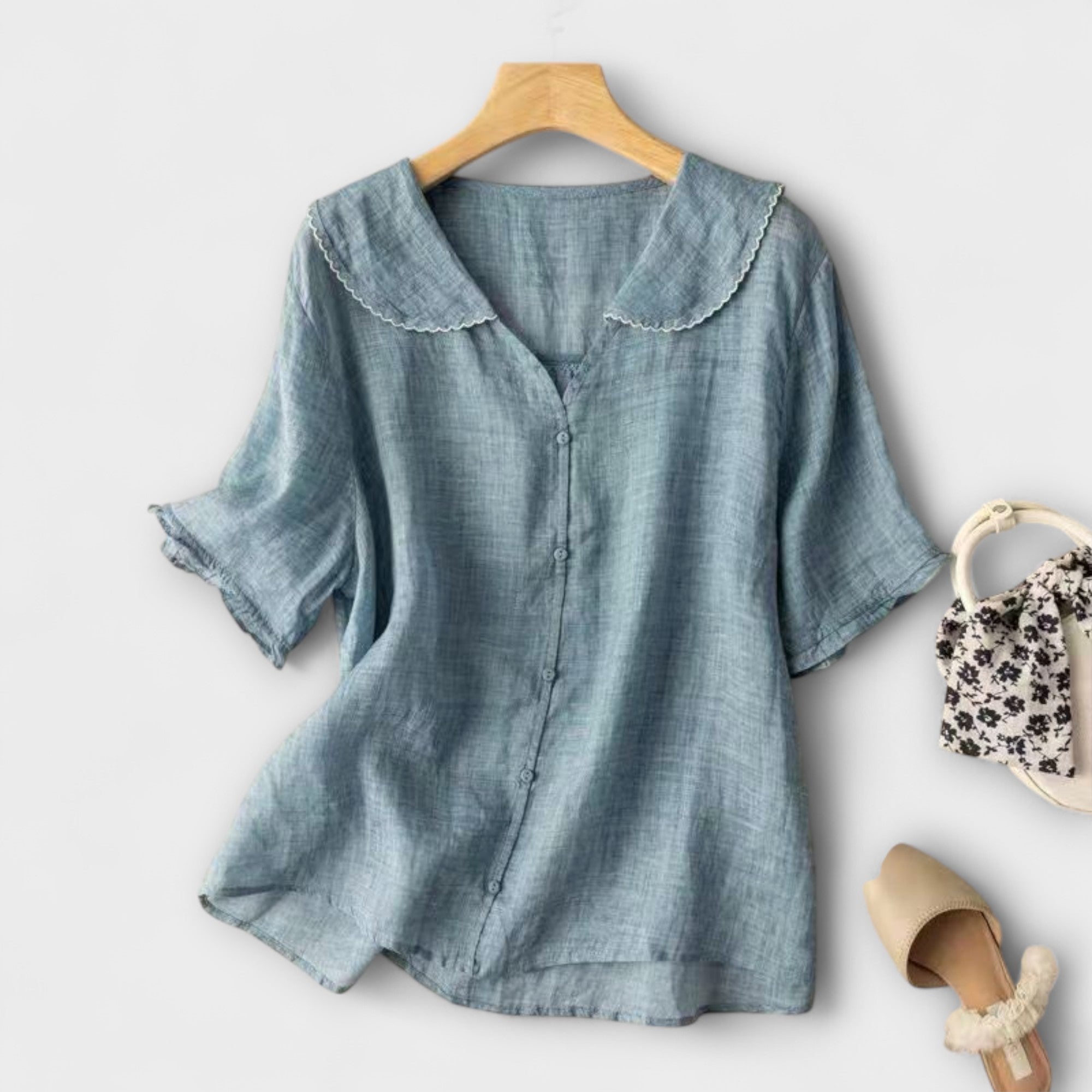 Women’s Dress, Relaxed Fit, Sharkbite Collar, Gossamer Linen Blend, Breathable Lightweight Fabric