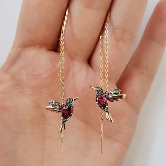 Women’s Drop Earrings, Lightweight 6 cm Hummingbird Enamel Filigree with Zircon, Metal Alloy