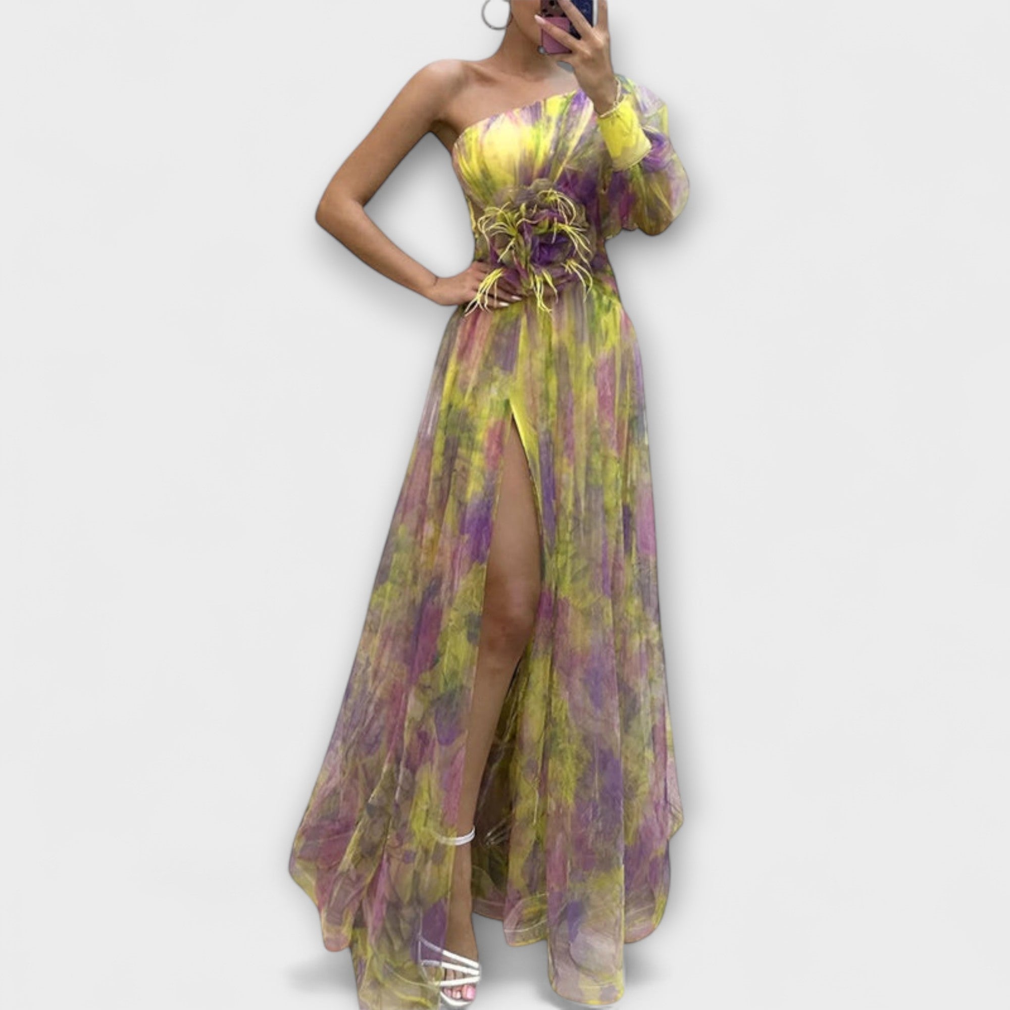 Women’s Evening Dress, Watercolour Pattern, Sleeveless, Asymmetrical Neckline, Fitted Waist with Floral Detail, Pleated Skirt with Slit