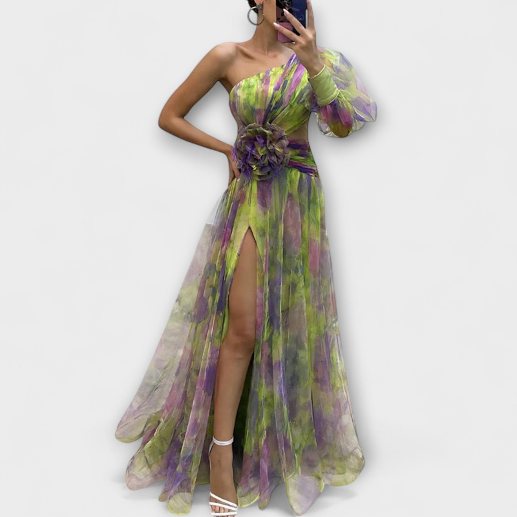 Women’s Evening Dress, Watercolour Pattern, Sleeveless, Asymmetrical Neckline, Fitted Waist with Floral Detail, Pleated Skirt with Slit