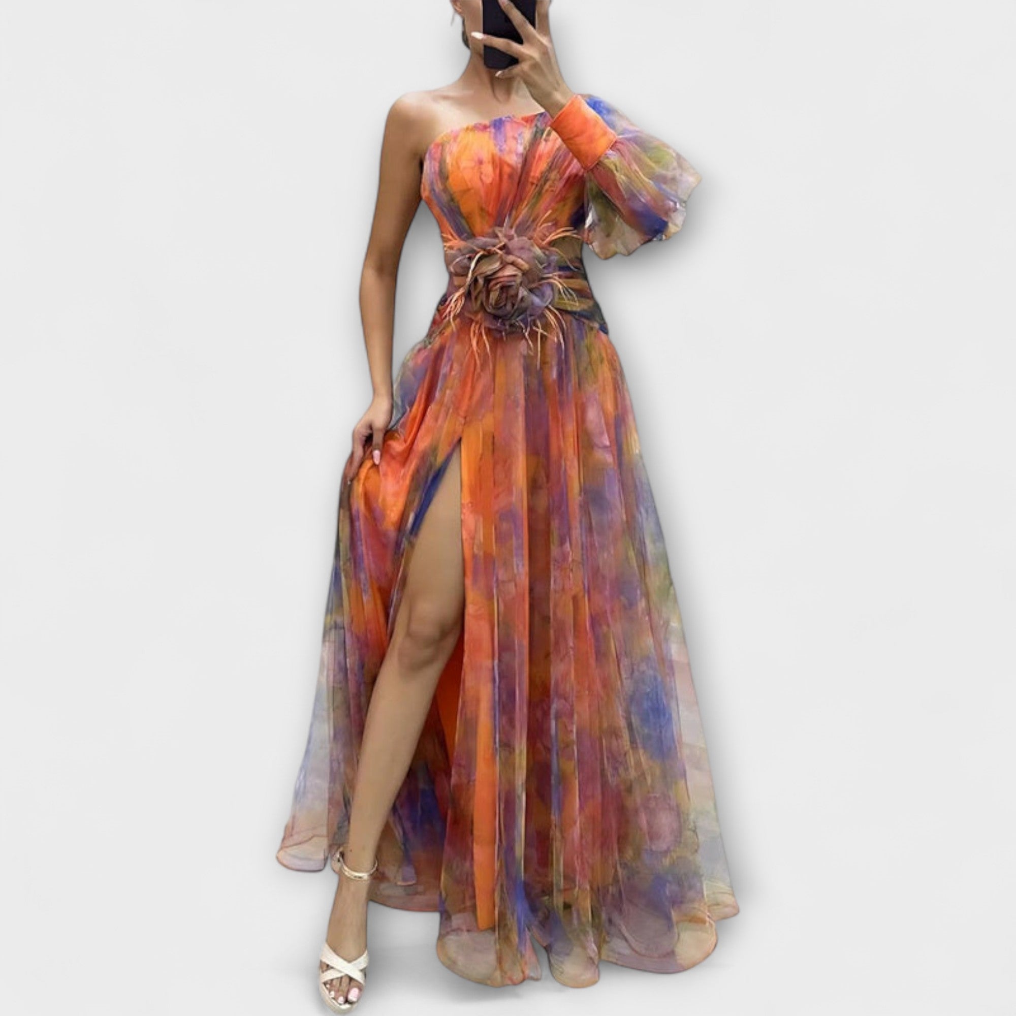 Women’s Evening Dress, Watercolour Pattern, Sleeveless, Asymmetrical Neckline, Fitted Waist with Floral Detail, Pleated Skirt with Slit