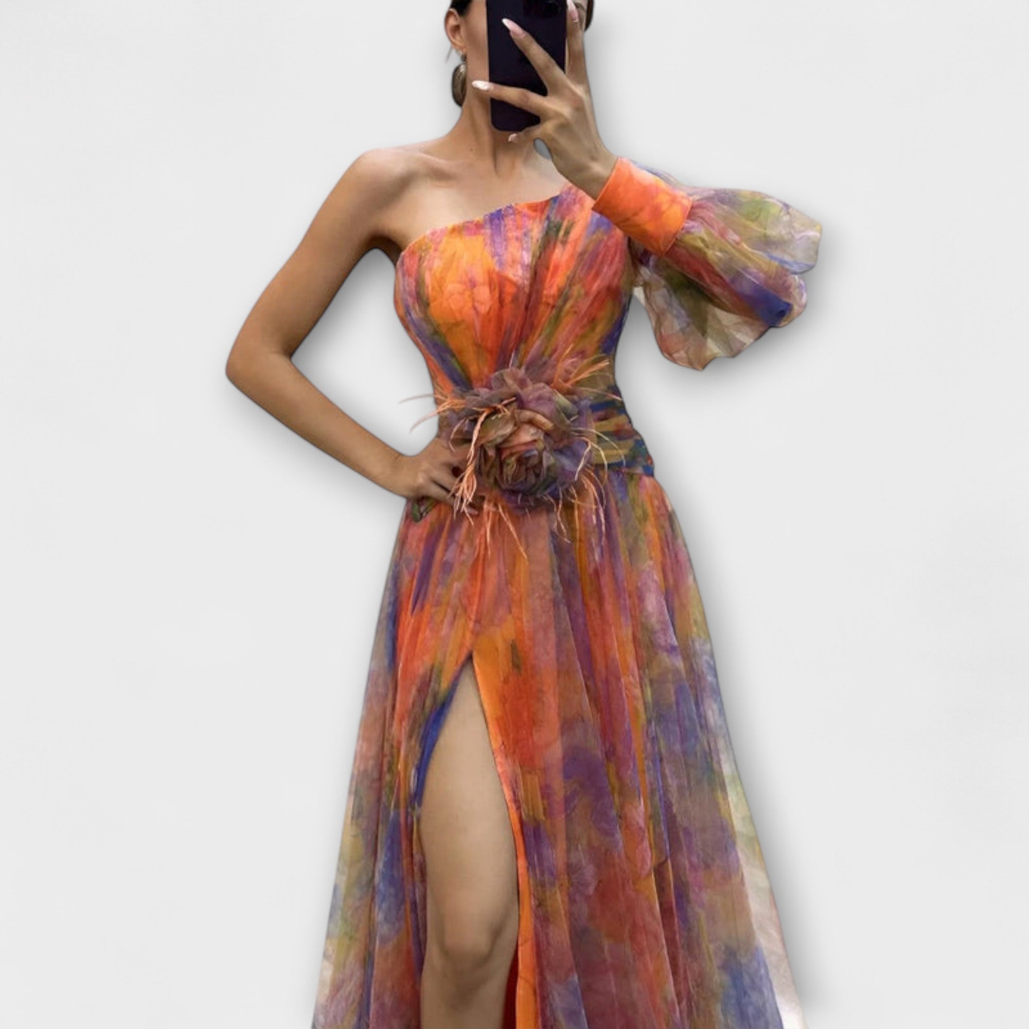 Women’s Evening Dress, Watercolour Pattern, Sleeveless, Asymmetrical Neckline, Fitted Waist with Floral Detail, Pleated Skirt with Slit