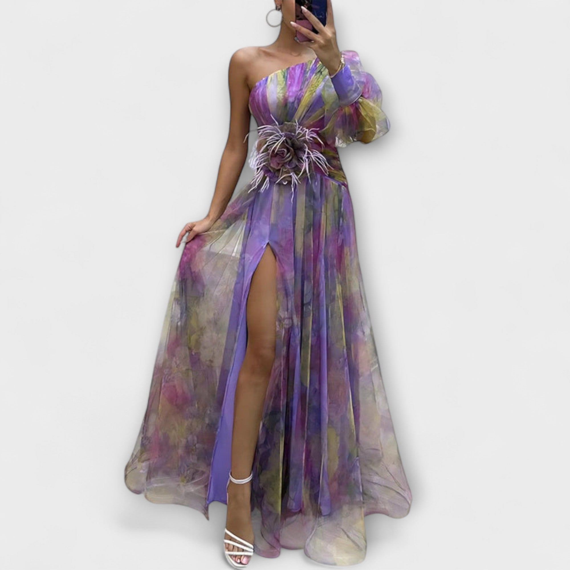 Women’s Evening Dress, Watercolour Pattern, Sleeveless, Asymmetrical Neckline, Fitted Waist with Floral Detail, Pleated Skirt with Slit