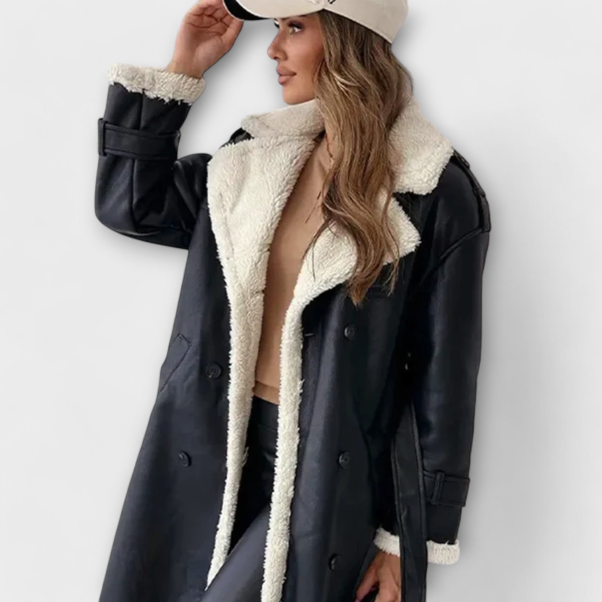 Women’s Faux Fur Coat, Long Sleeve, Adjustable Fit with Belt and Button Closure, Faux Fur and Leather, Fleece Lined