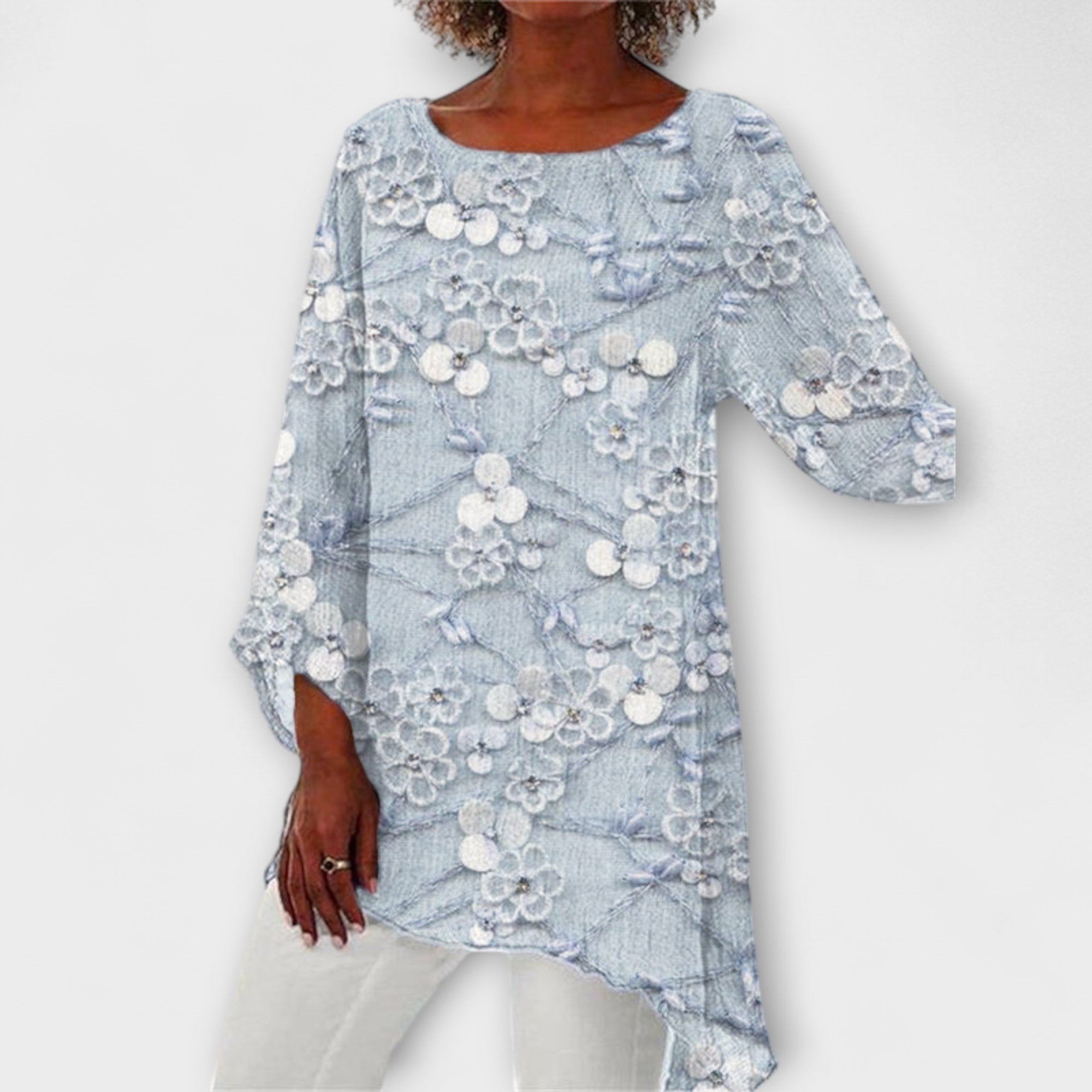 Women’s Floral Blouse, Lightweight Fabric, Loose Fit, Asymmetric Hemline, Crystal-Inspired Details