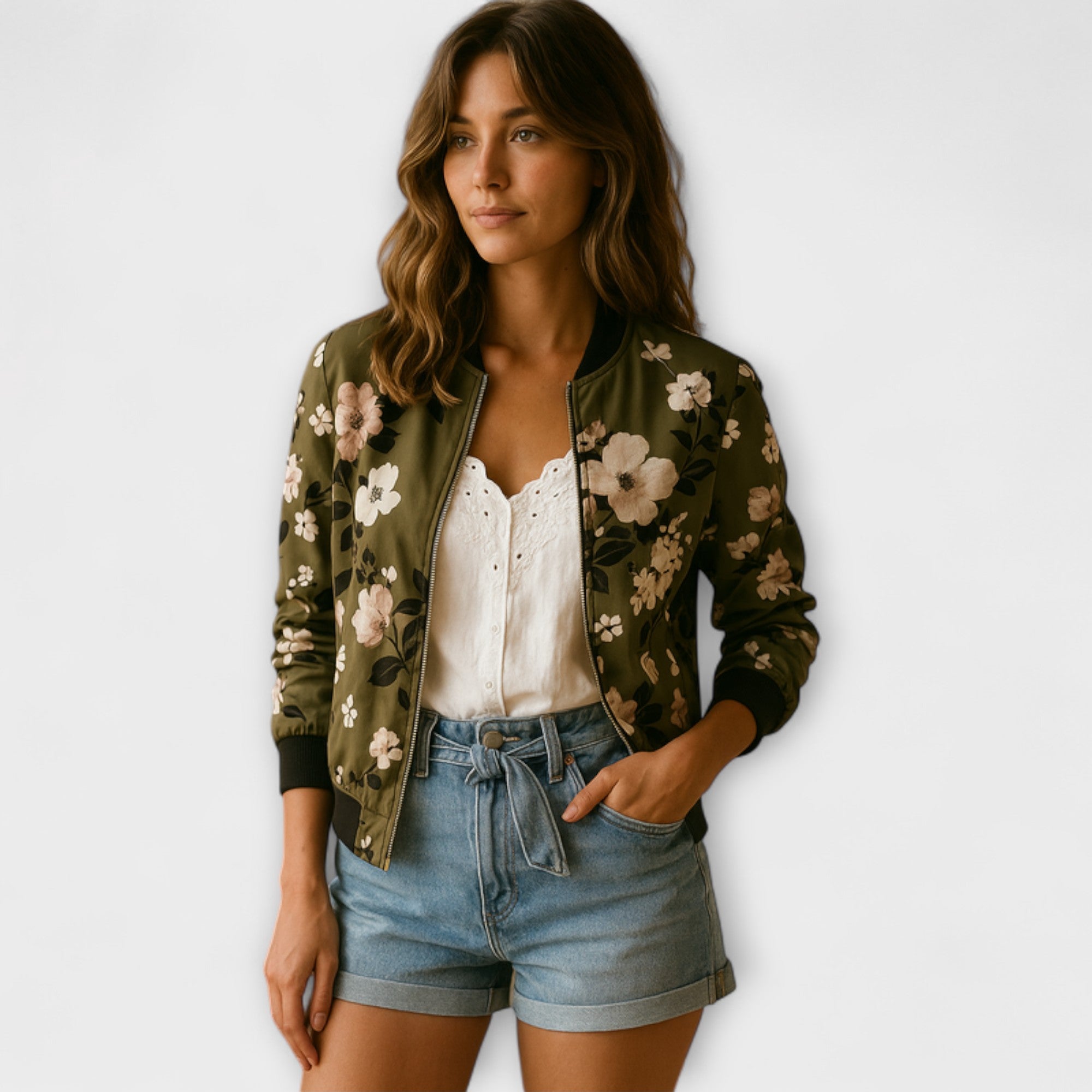 Women’s Floral Bomber Jacket, Lightweight Polyester, Relaxed Fit