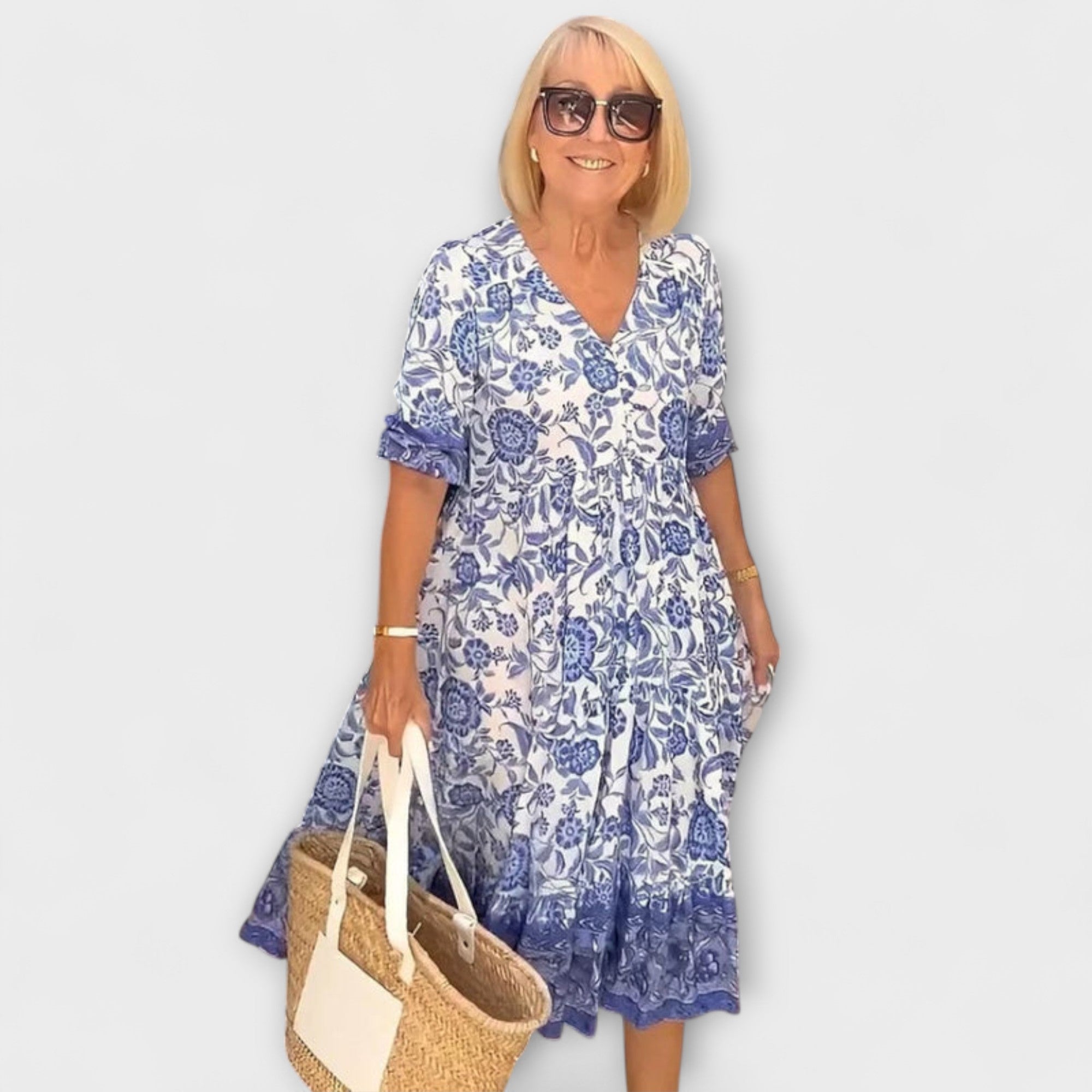 Women’s Floral Midi Dress, Sleeveless, V-Neck, A-Line Fit, Soft Breathable Stretch Fabric