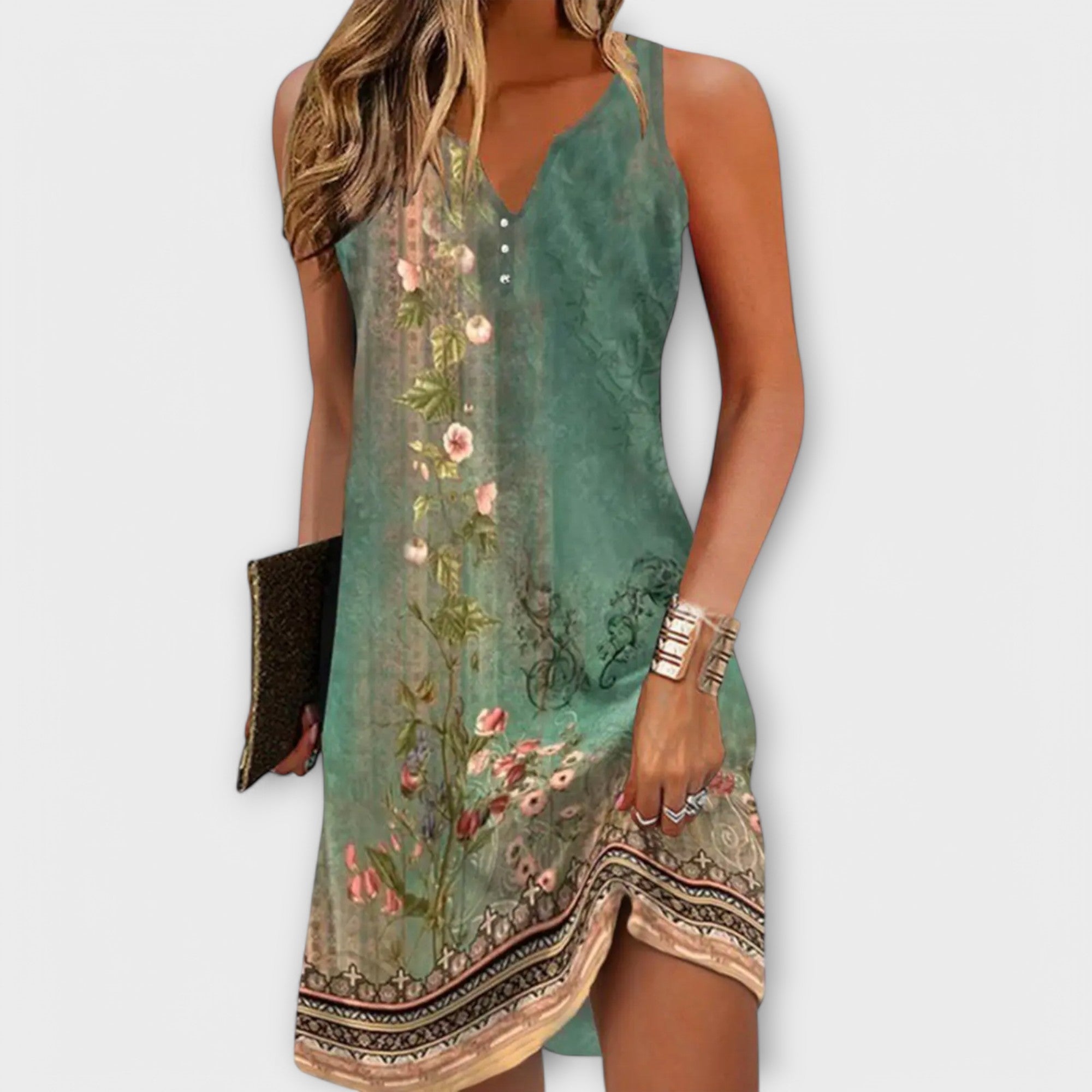 Women’s Floral Midi Dress, Sleeveless, V-Neck, Lightweight Breathable Fabric, Comfortable Fit