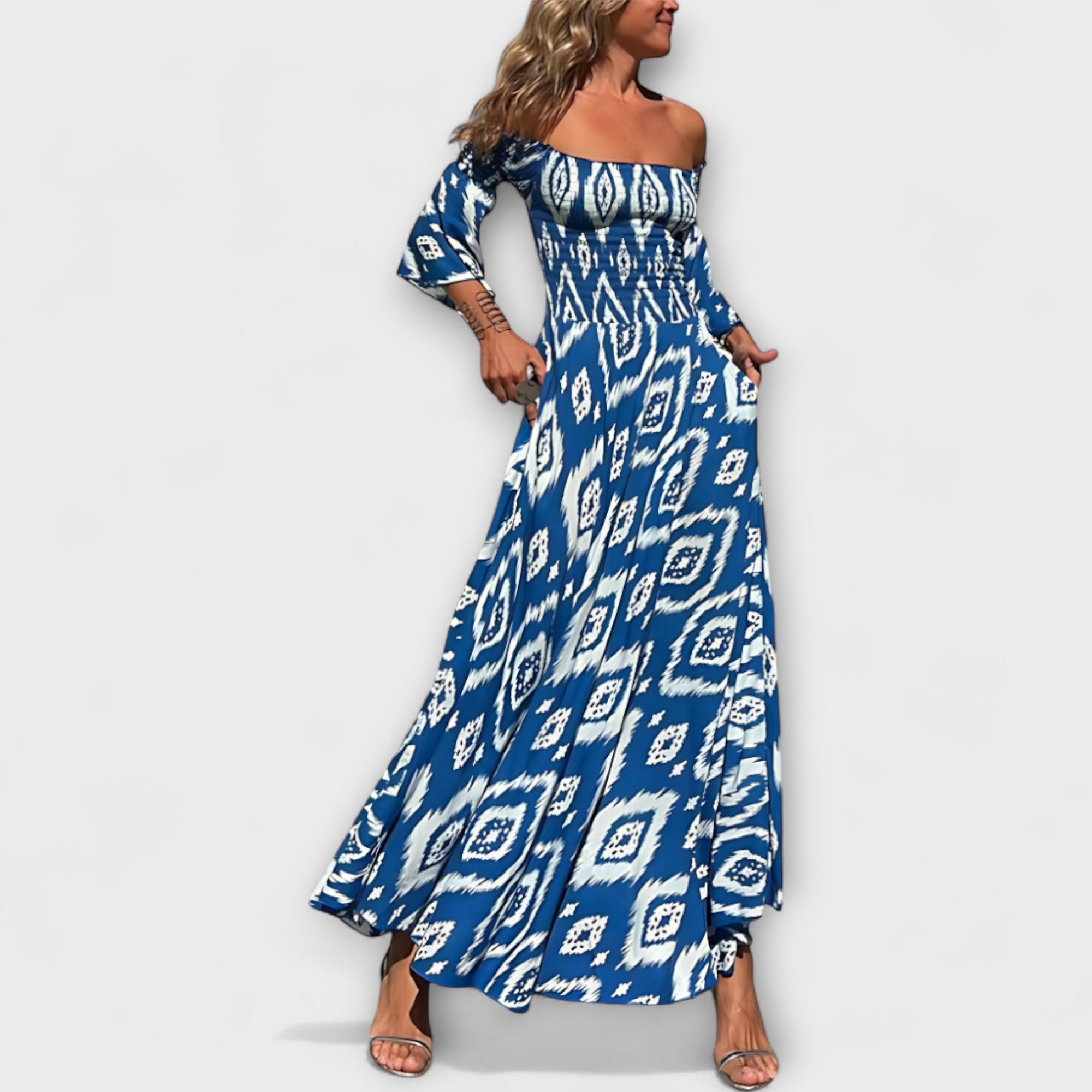 Women’s Floral Off-Shoulder Sleeveless Dress, Flowing Fit, Recycled Fabric