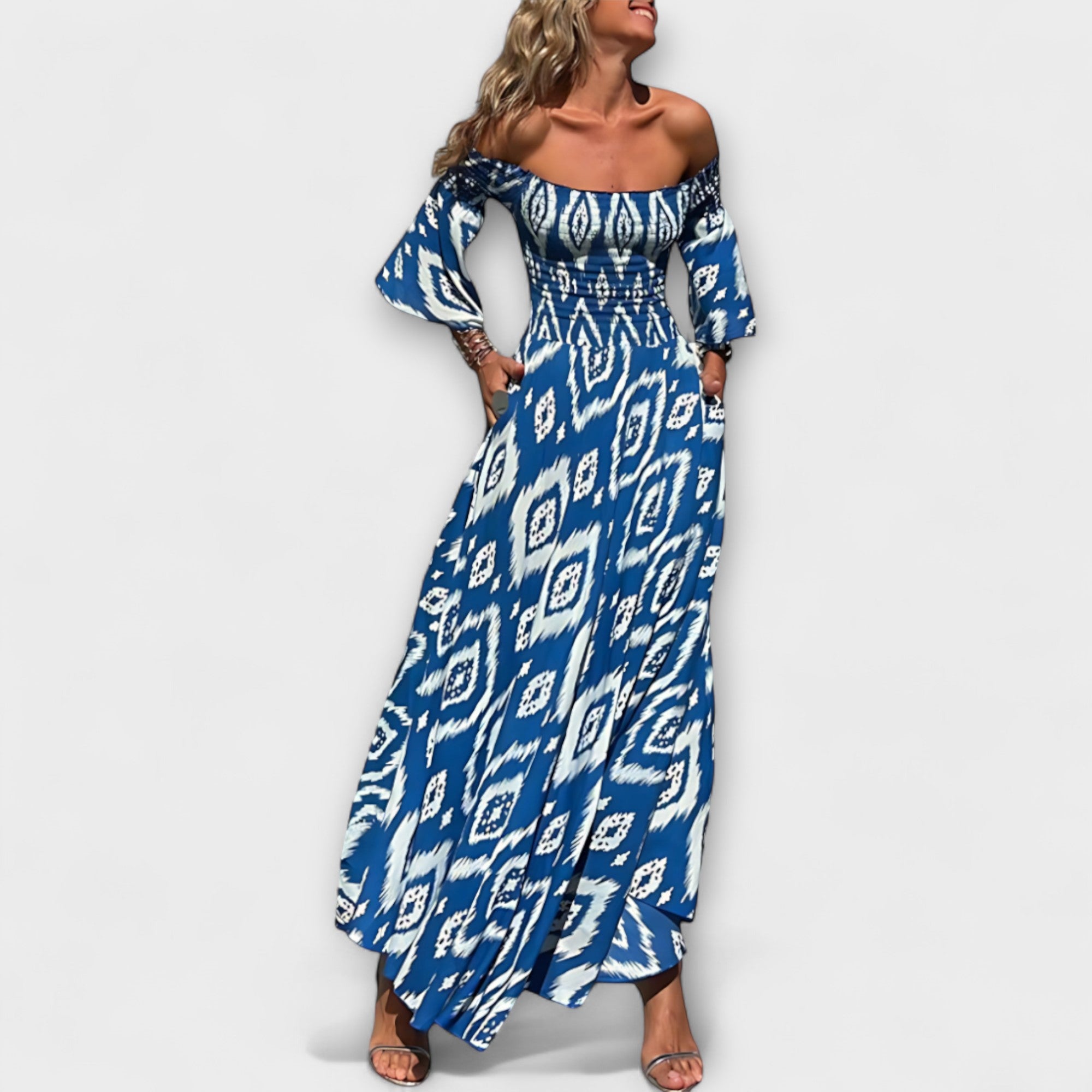 Women’s Floral Off-Shoulder Sleeveless Dress, Flowing Fit, Recycled Fabric