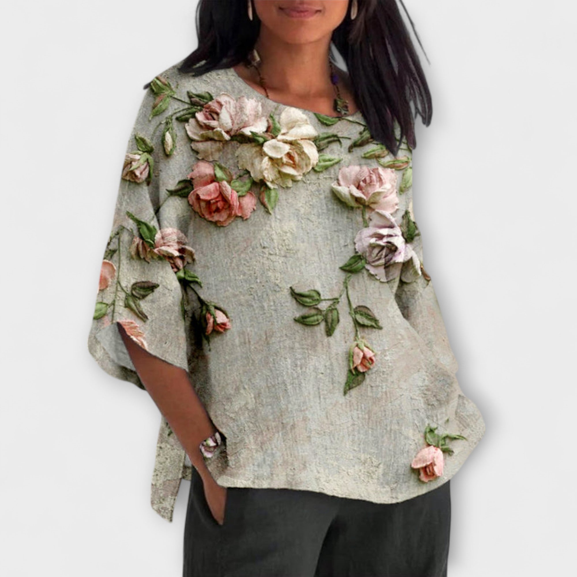 Women’s Floral Printed Top, Batwing Sleeve, Round Neckline, Soft Flowing Fit