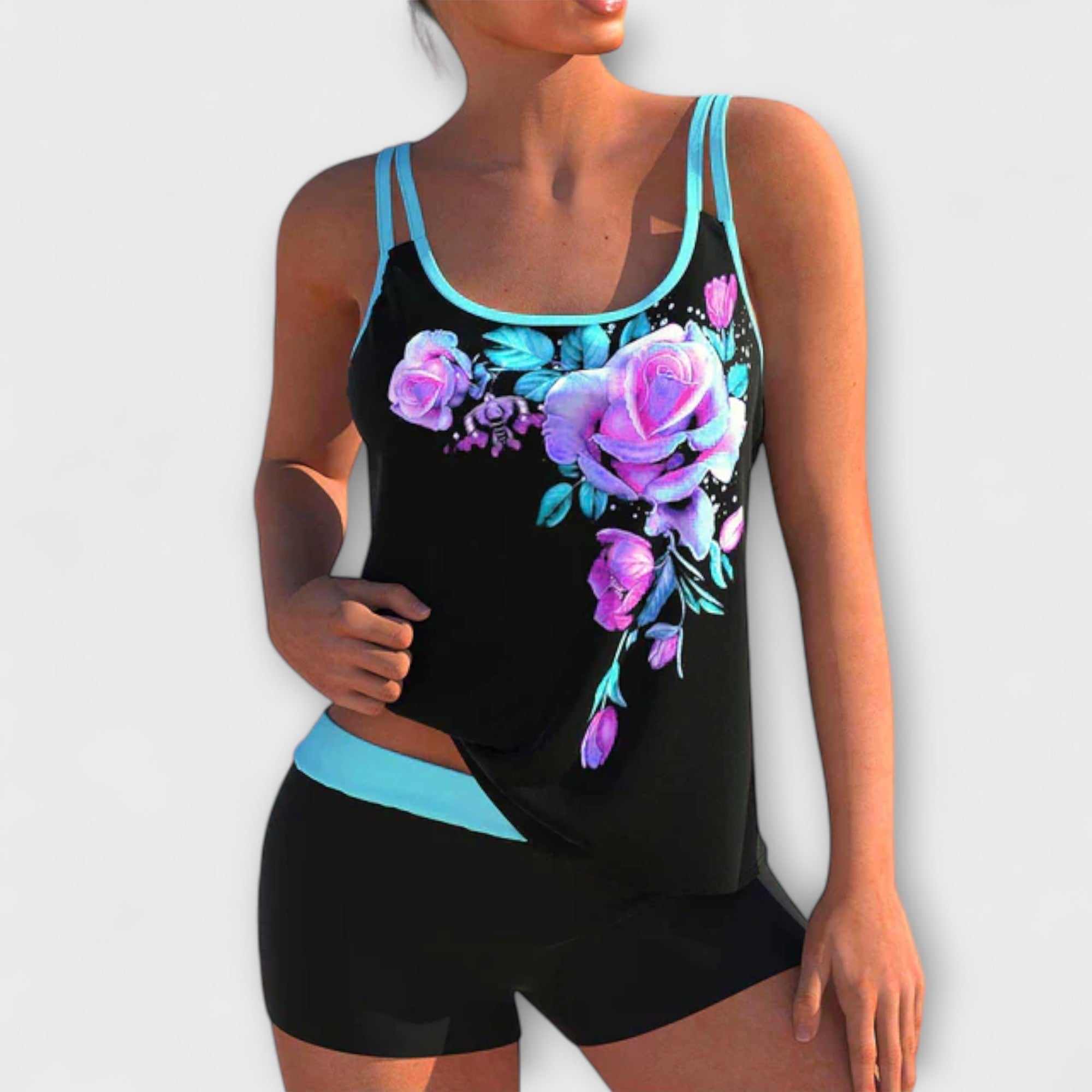 Women’s Floral Tankini Set, Sleeveless with Adjustable Double Straps, Round Neckline, Soft Breathable Fabric, Boyshort Briefs