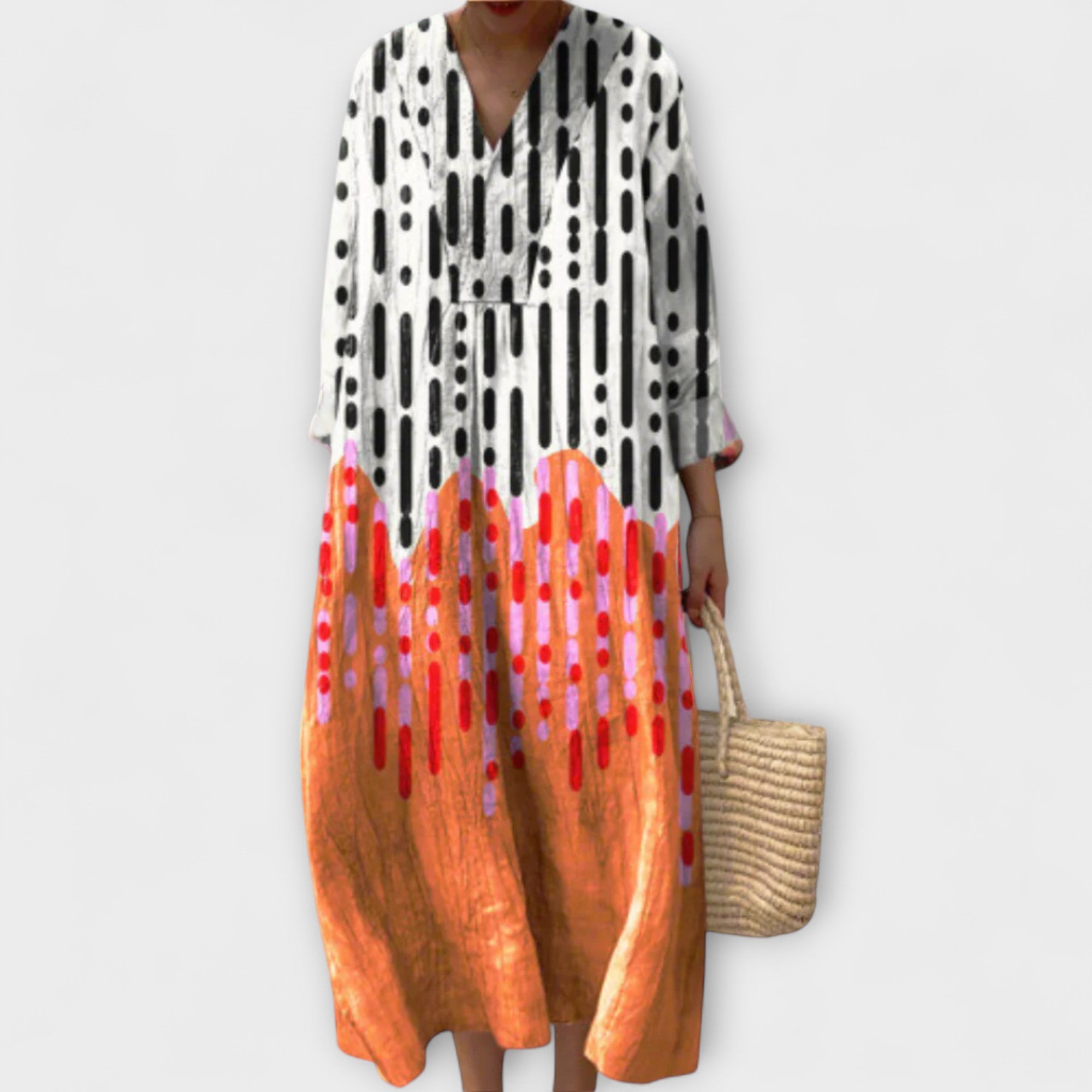 Women’s Geometric Pattern Dress, Comfortable Fit, Elegant Waist Drape, Versatile Silhouette