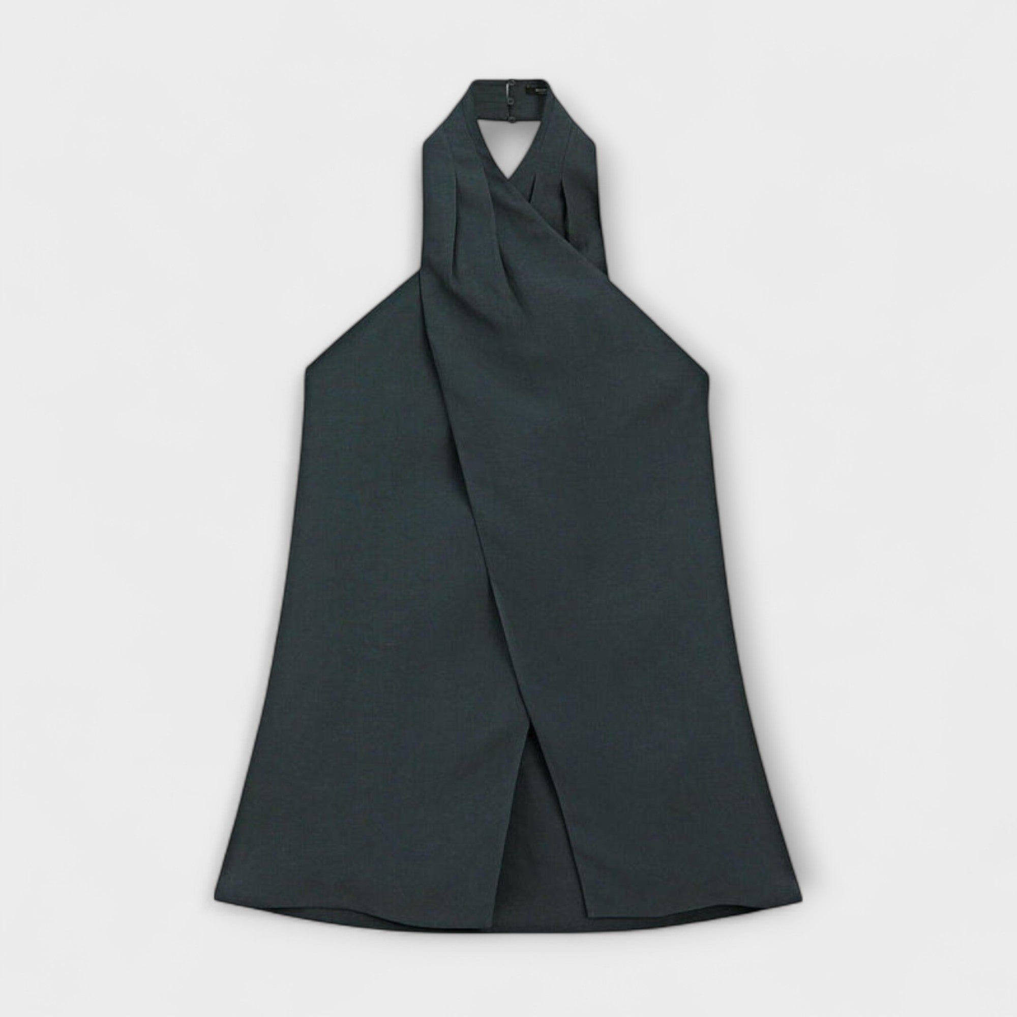 Women’s Halter Neck Top, Cerulean Blue, Sleeveless, Relaxed Fit, Viscose Linen Blend, Crossed Front Buttons, Ribbon Back Closure