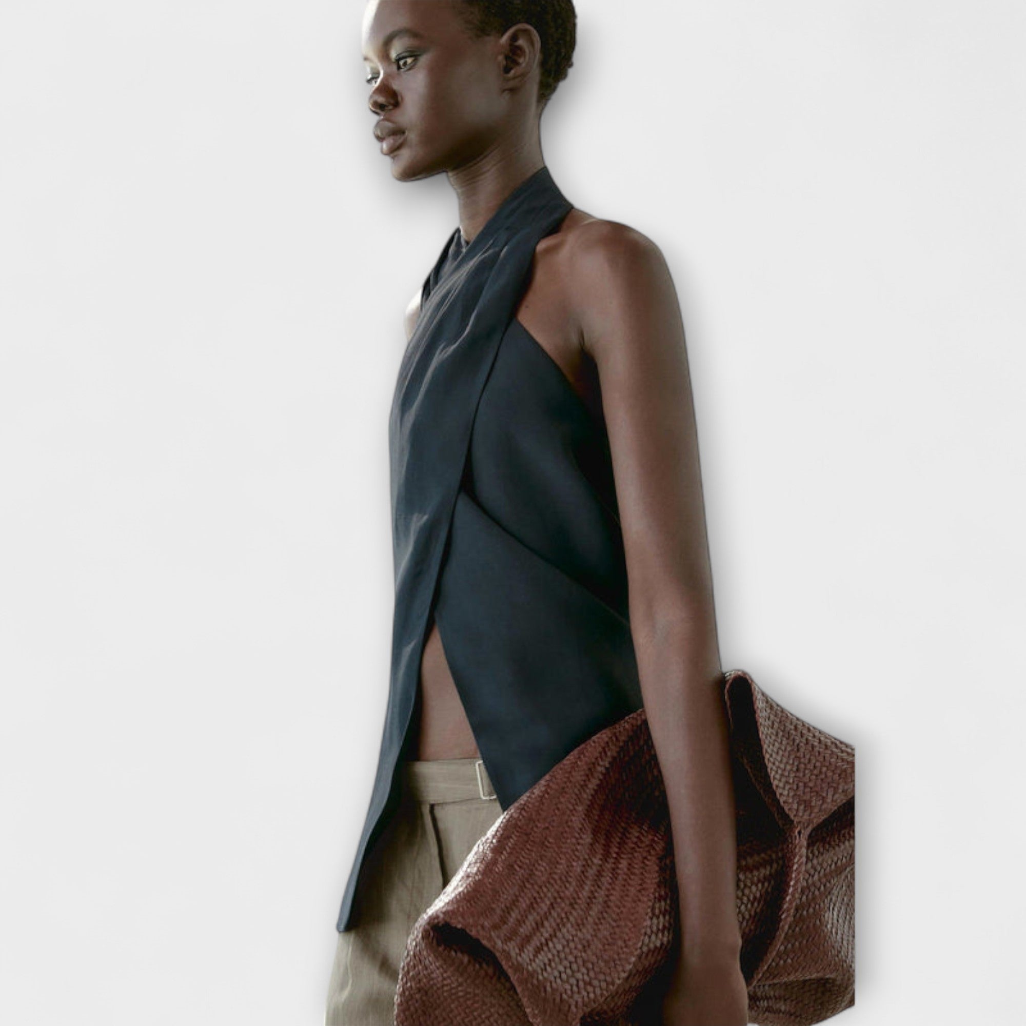 Women’s Halter Neck Top, Cerulean Blue, Sleeveless, Relaxed Fit, Viscose Linen Blend, Crossed Front Buttons, Ribbon Back Closure