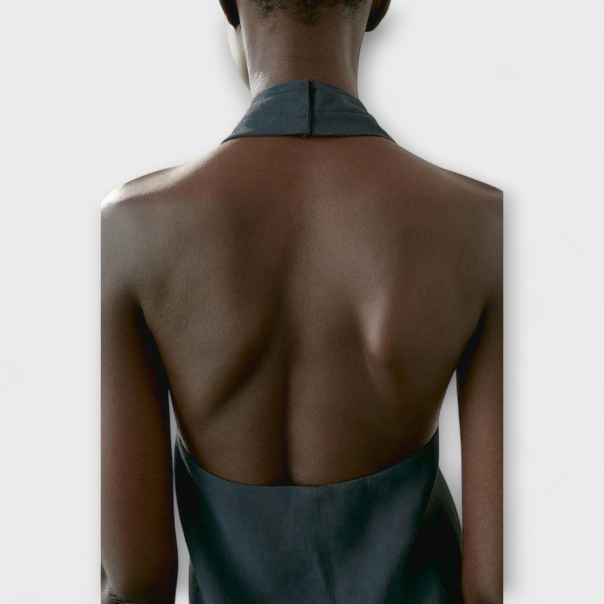 Women’s Halter Neck Top, Cerulean Blue, Sleeveless, Relaxed Fit, Viscose Linen Blend, Crossed Front Buttons, Ribbon Back Closure