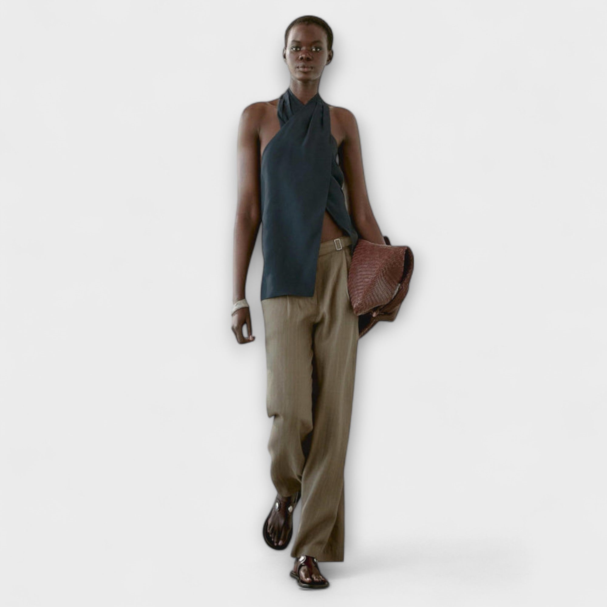 Women’s Halter Neck Top, Cerulean Blue, Sleeveless, Relaxed Fit, Viscose Linen Blend, Crossed Front Buttons, Ribbon Back Closure