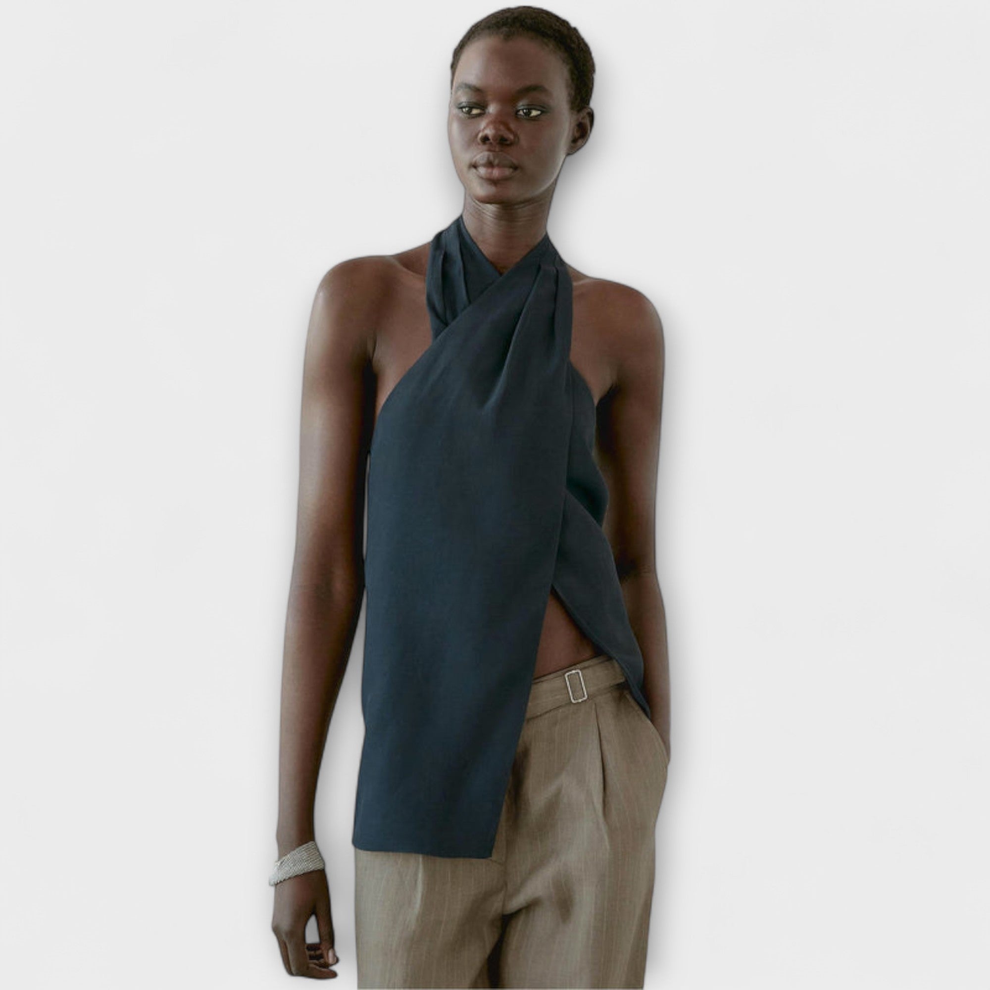 Women’s Halter Top, Viscose Linen Blend, Crossover Front, Adjustable Ribbon Back