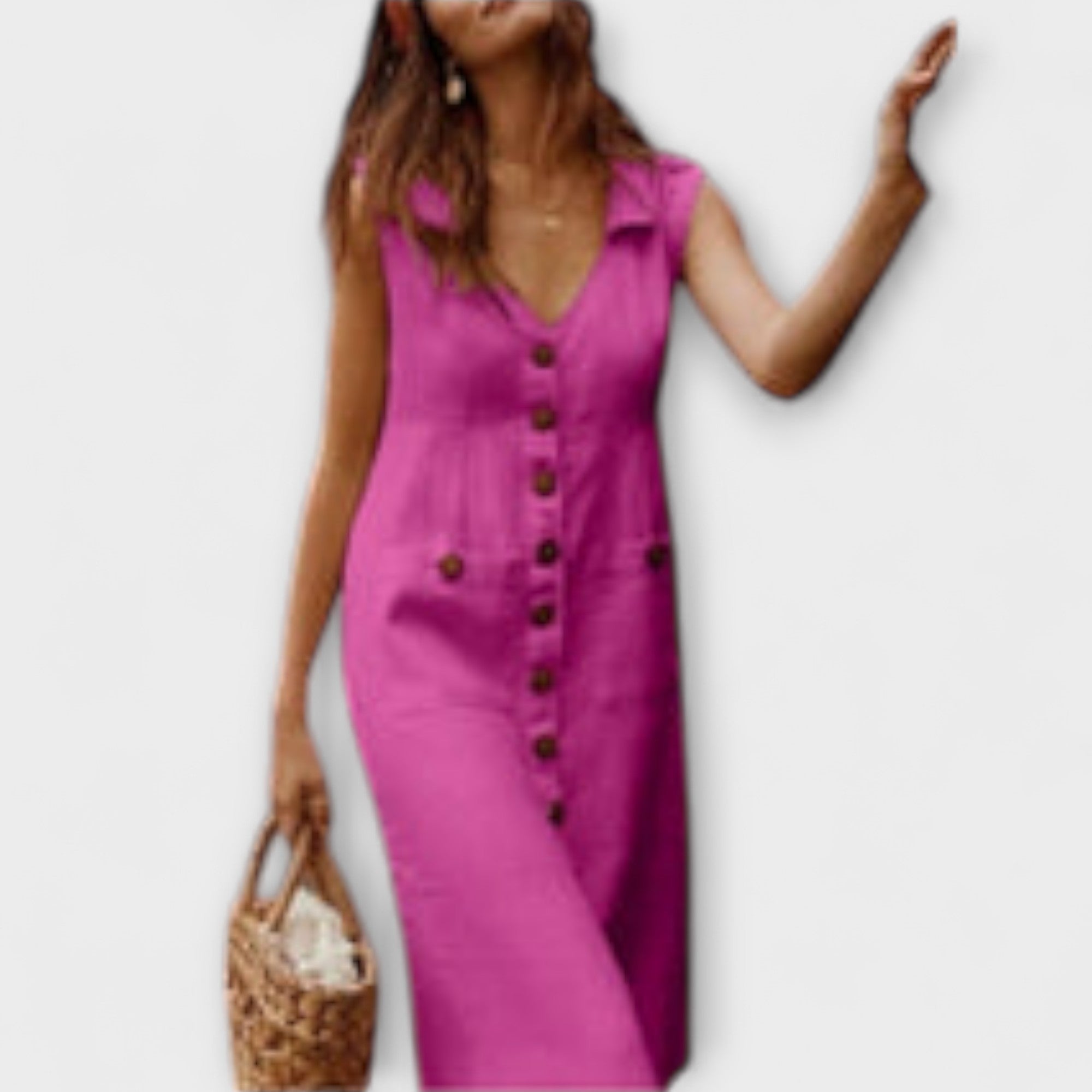 Women’s Knee-Length Cotton Linen Dress, Sleeveless, A-Line Fit, Turned-Down Collar, Pockets, Buckle Detail