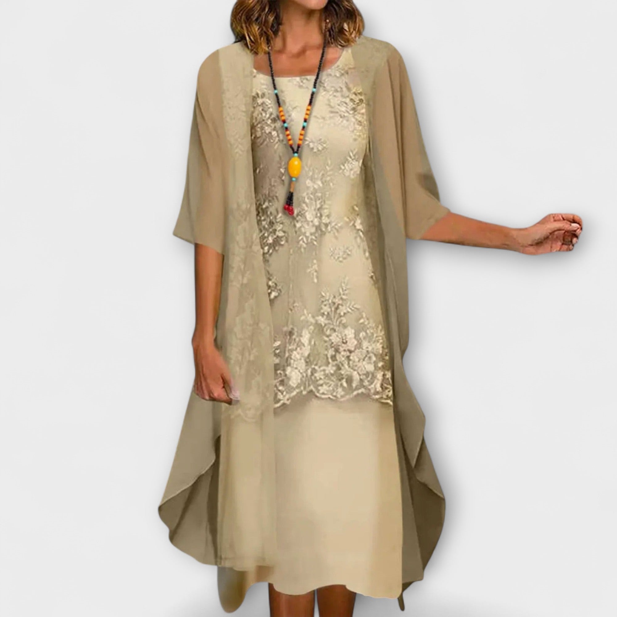 Women’s Knee-Length Dress, Chiffon Blend, Short Sleeve, Round Neckline, Figure-Enhancing Fit, Solid Color, Patchwork Accents