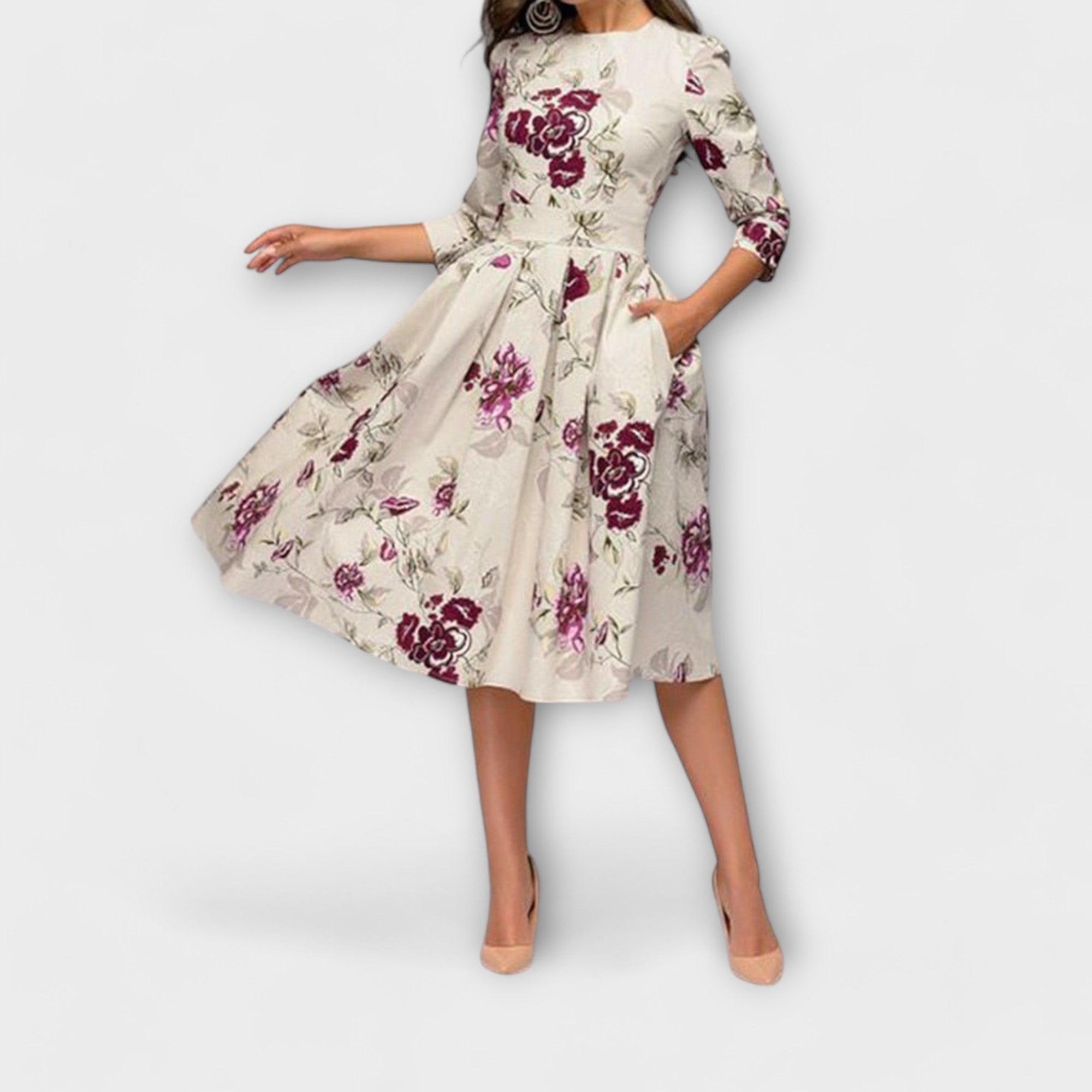 Women’s Knee-Length Dress, Floral & Dragonfly Print, Puff Sleeve, Round Neckline, Tailored Fit, High-Quality Fabric
