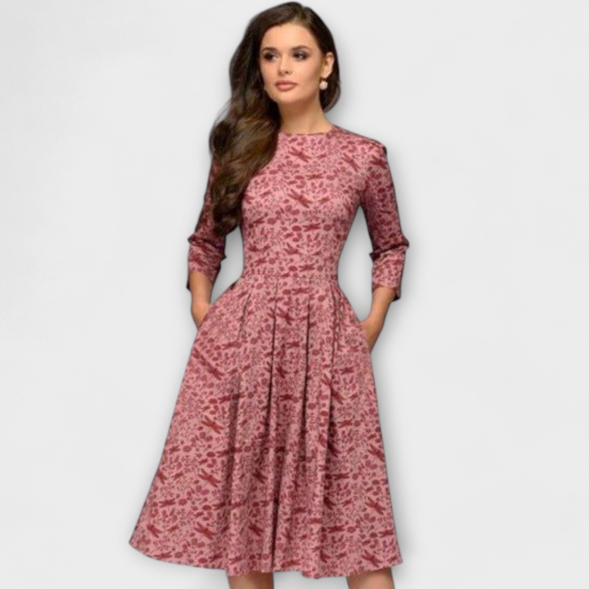 Women’s Knee-Length Dress, Floral & Dragonfly Print, Puff Sleeve, Round Neckline, Tailored Fit, High-Quality Fabric